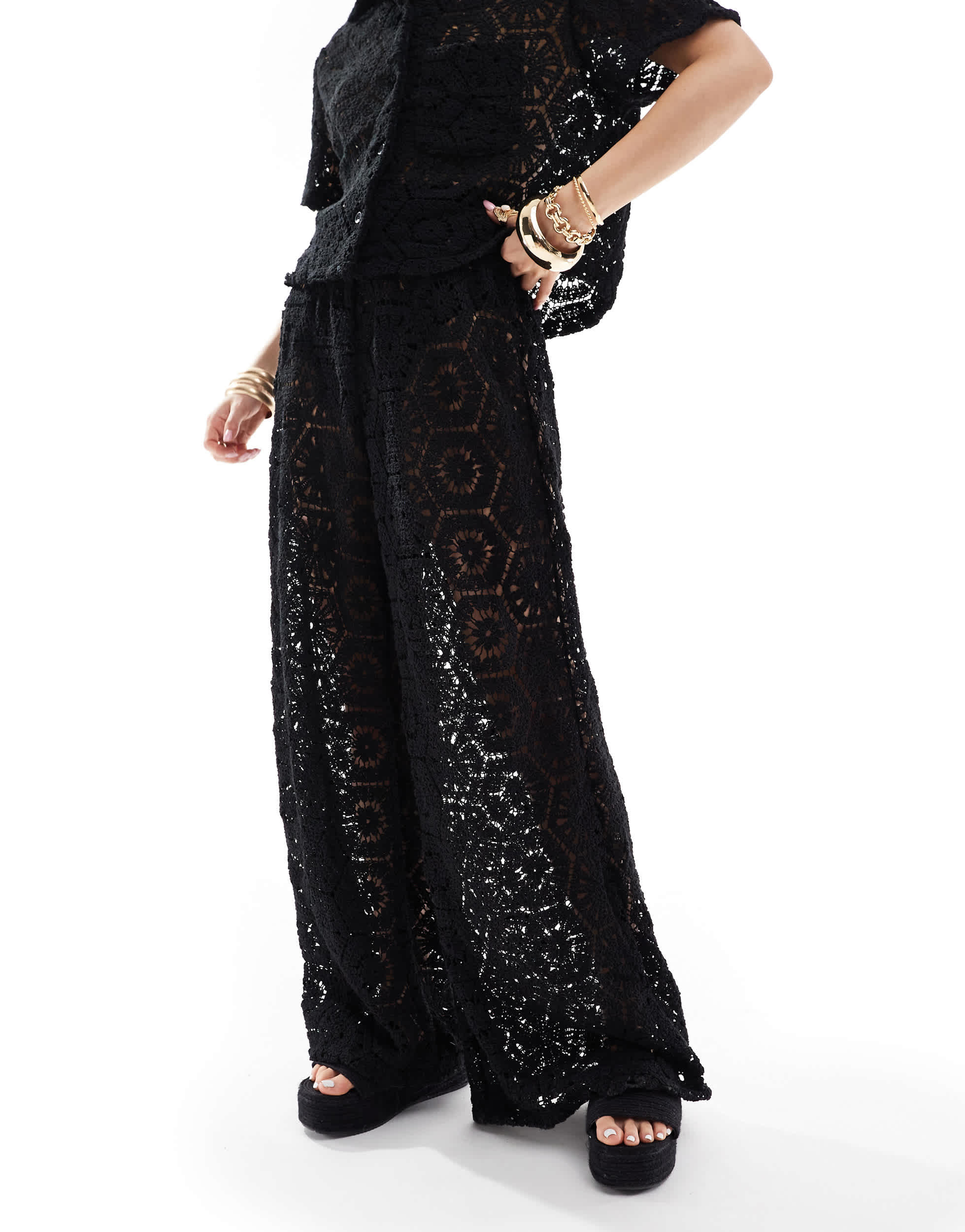South Beach crochet beach trouser co-ord in black