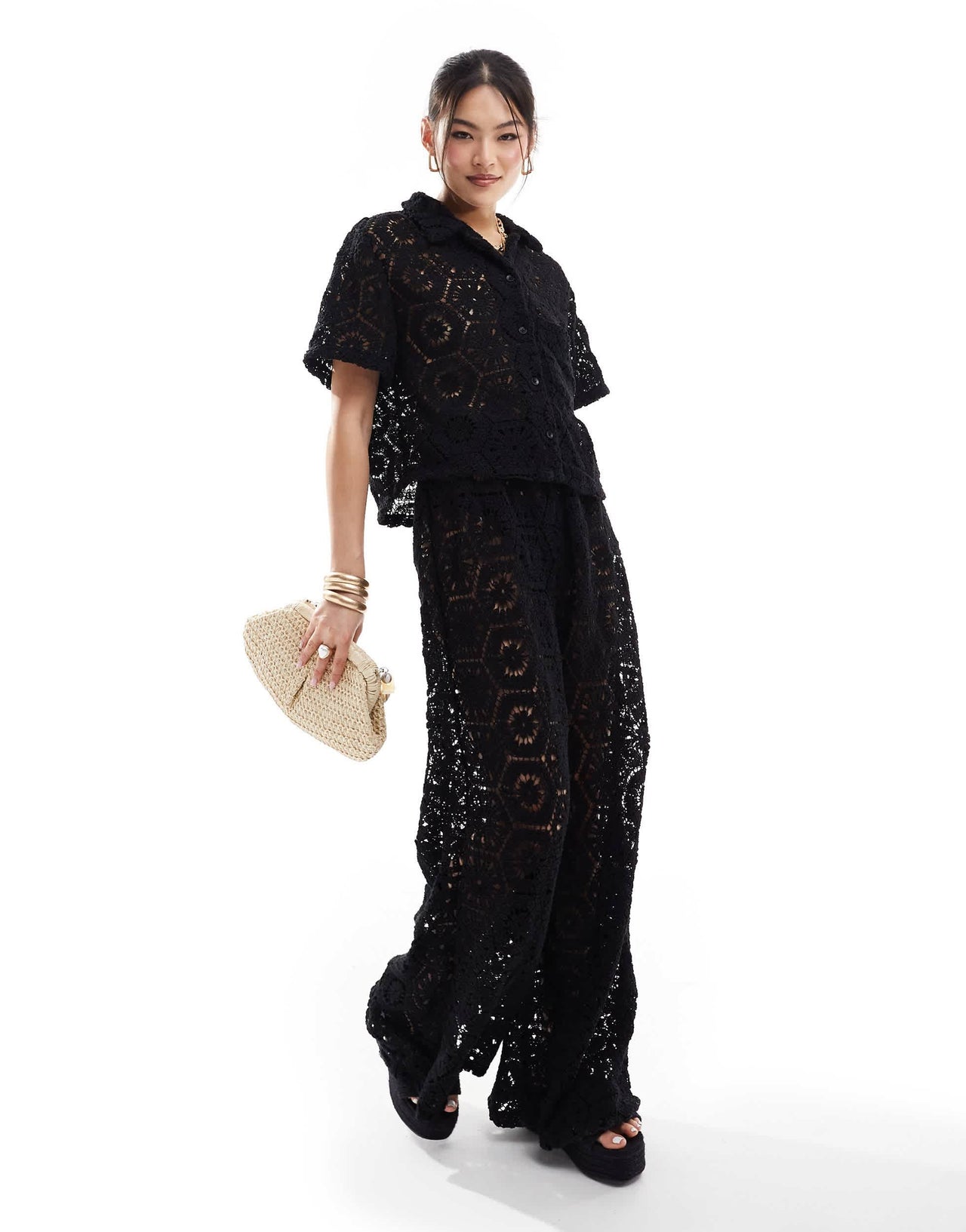 South Beach oversized crochet beach shirt co-ord in black