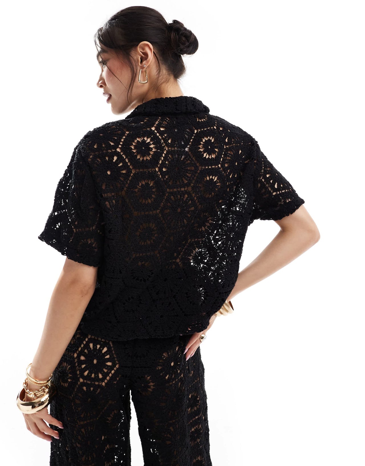 South Beach oversized crochet beach shirt co-ord in black