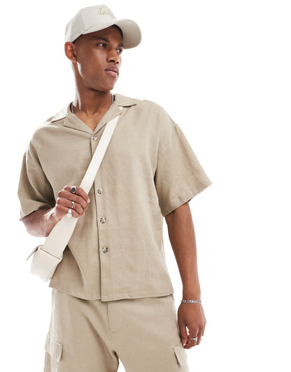 ADPT oversized linen mix revere collar shirt in beige