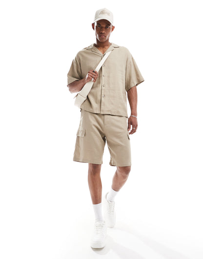 ADPT oversized linen mix revere collar shirt in beige