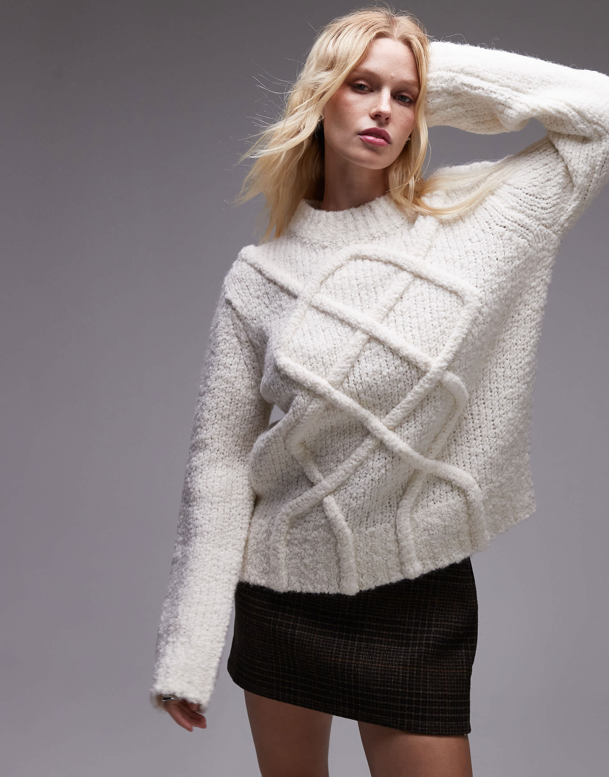 Topshop knitted premium pretzel cable oversized jumper in ivory