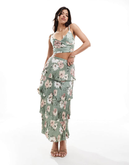 Abercrombie & Fitch co-ord pleated satin floral print top in green