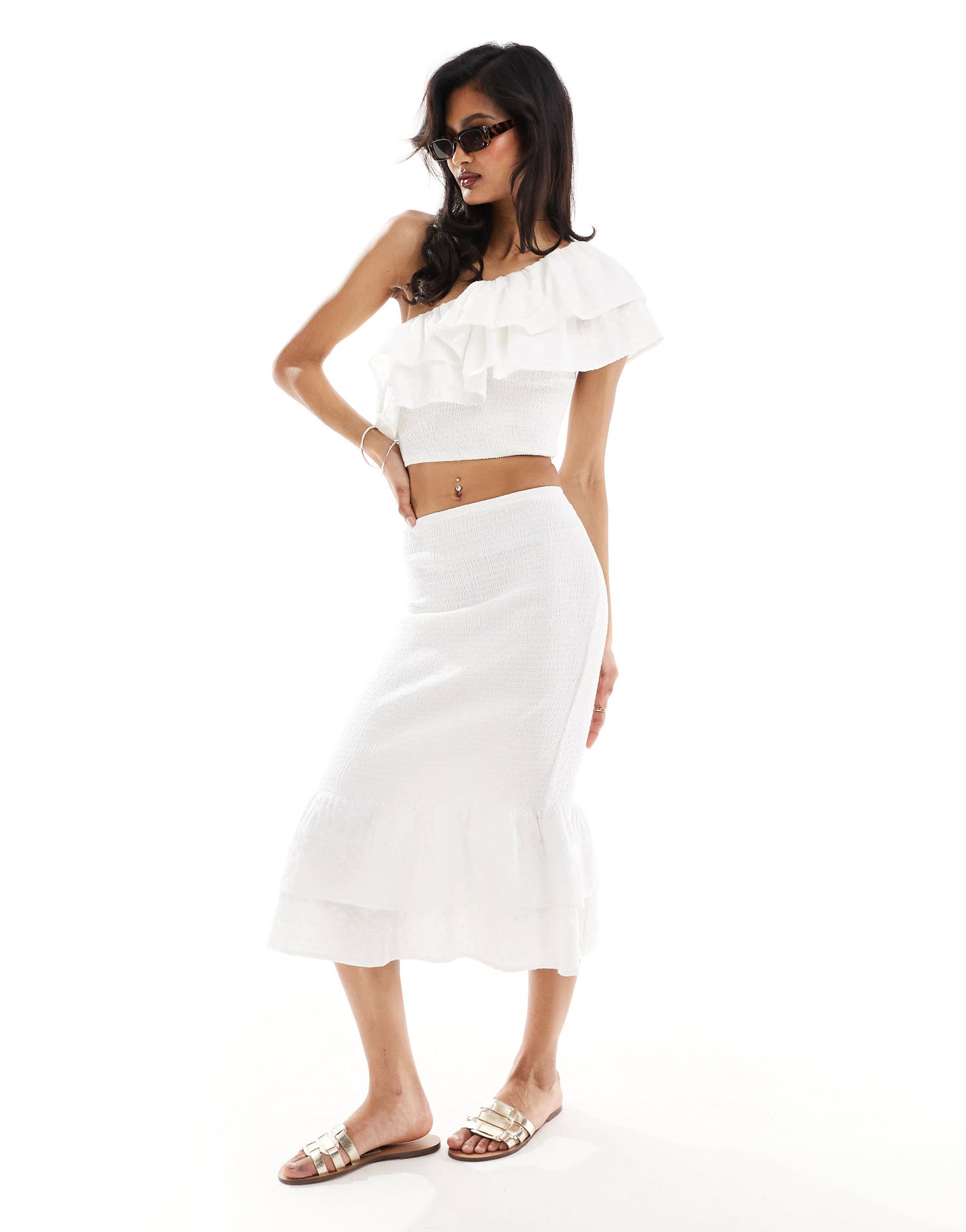 Abercrombie & Fitch co-ord one shoulder ruffle top in white