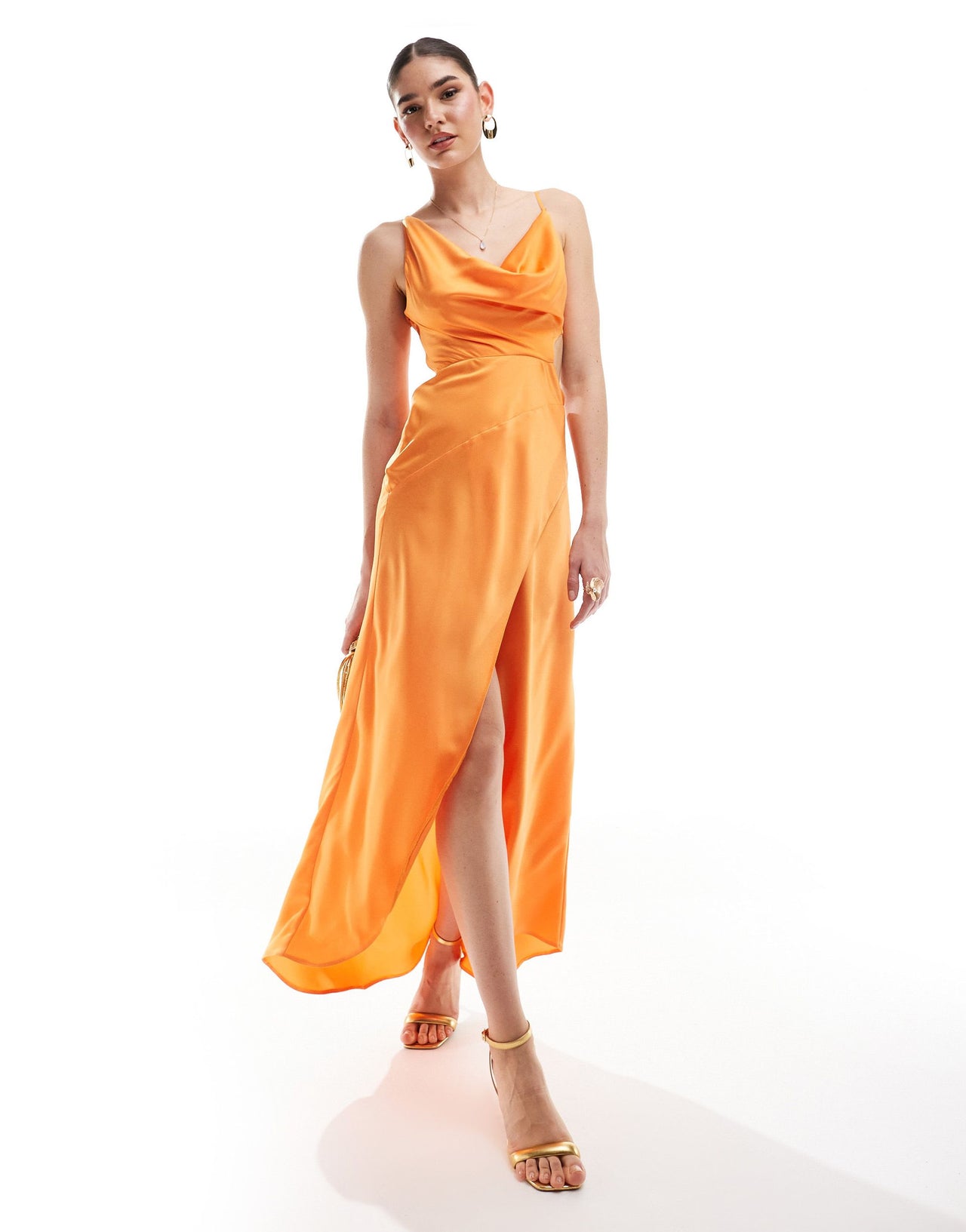ASOS DESIGN satin cowl midaxi dress with cut out waist and graduated hem in orange