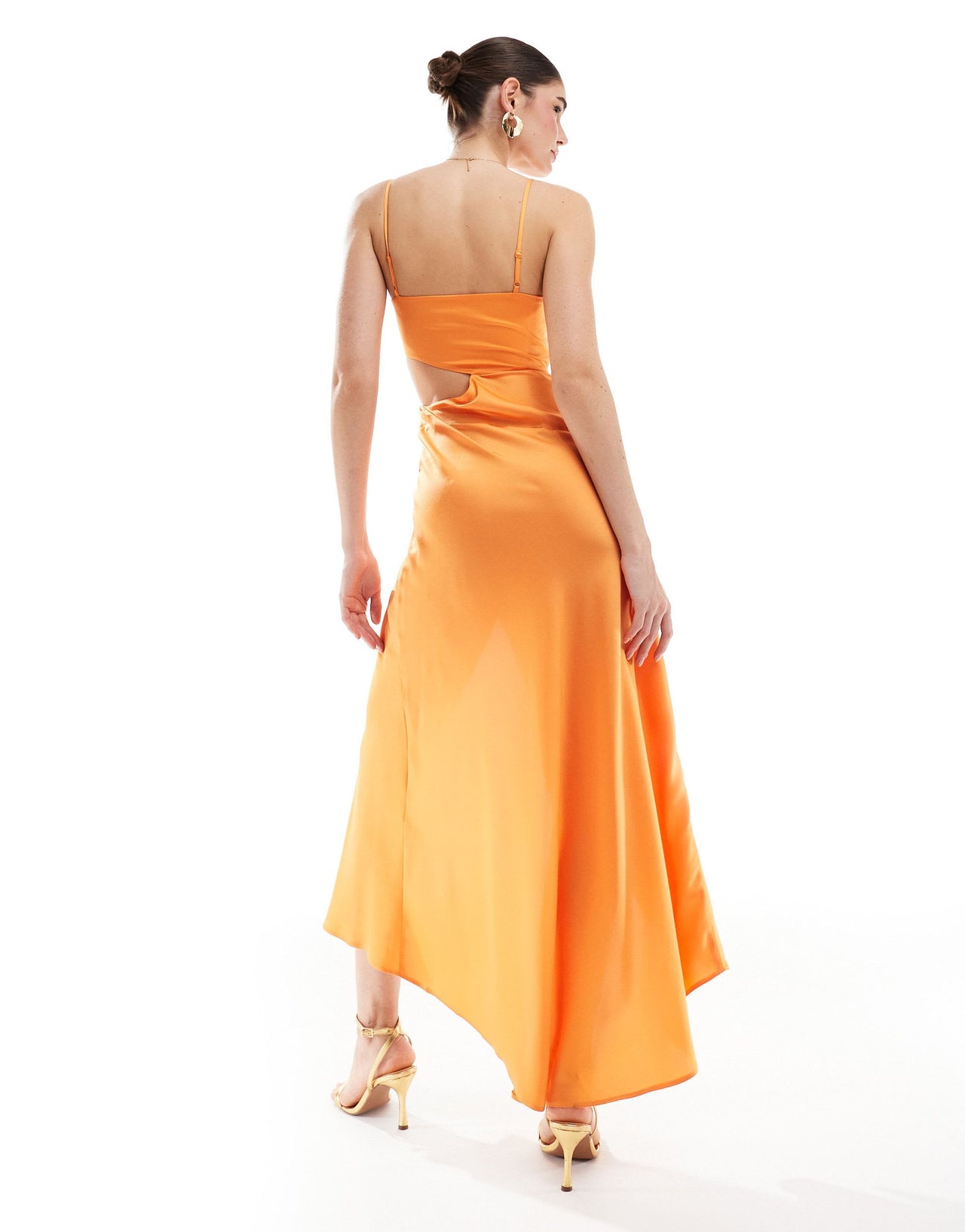 ASOS DESIGN satin cowl midaxi dress with cut out waist and graduated hem in orange