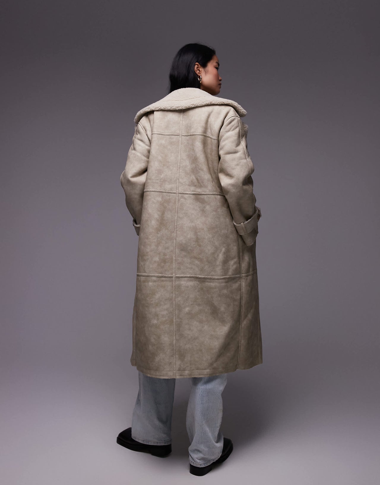 Topshop faux leather shearling longline aviator jacket in cream