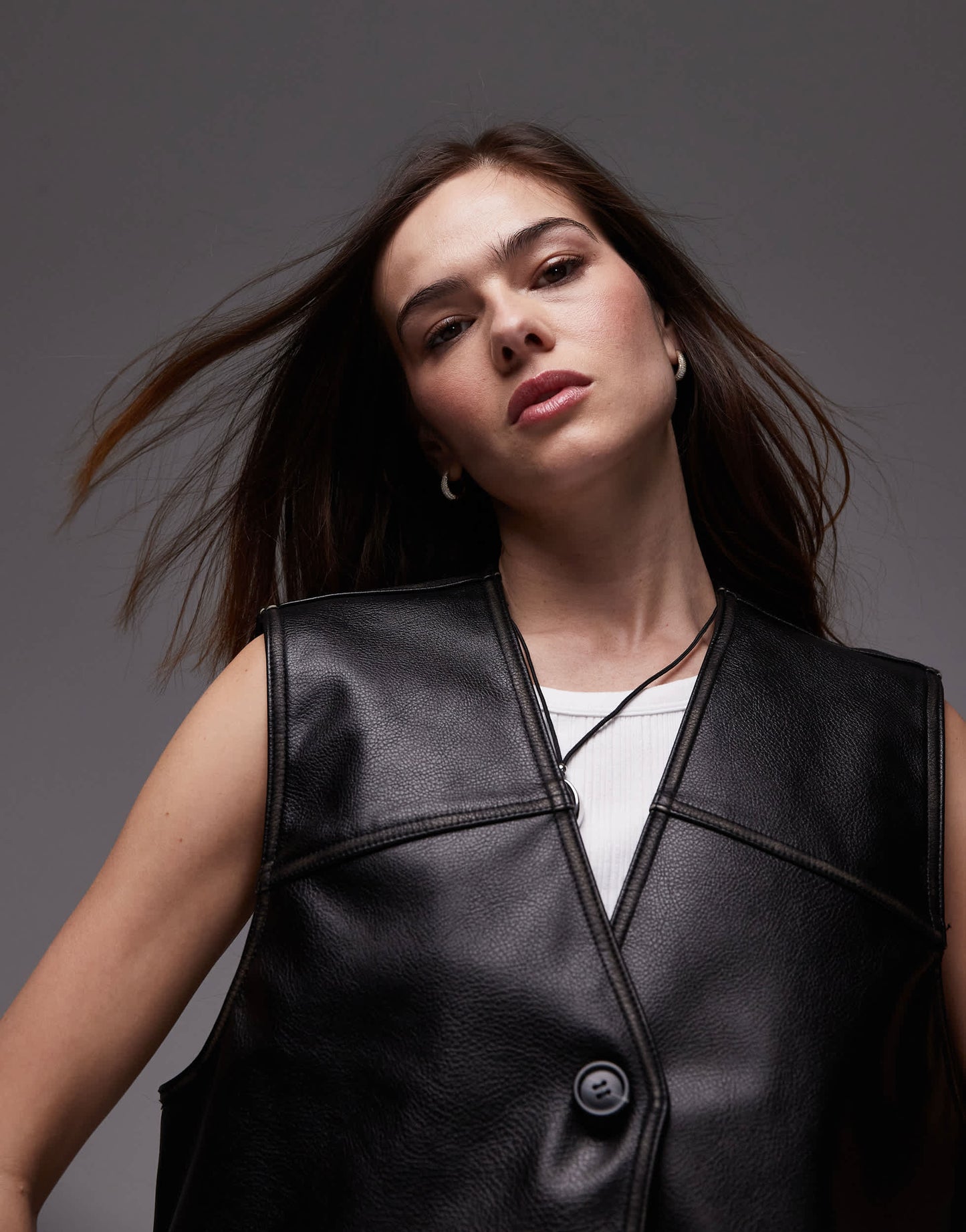 Topshop faux leather waist coat in black