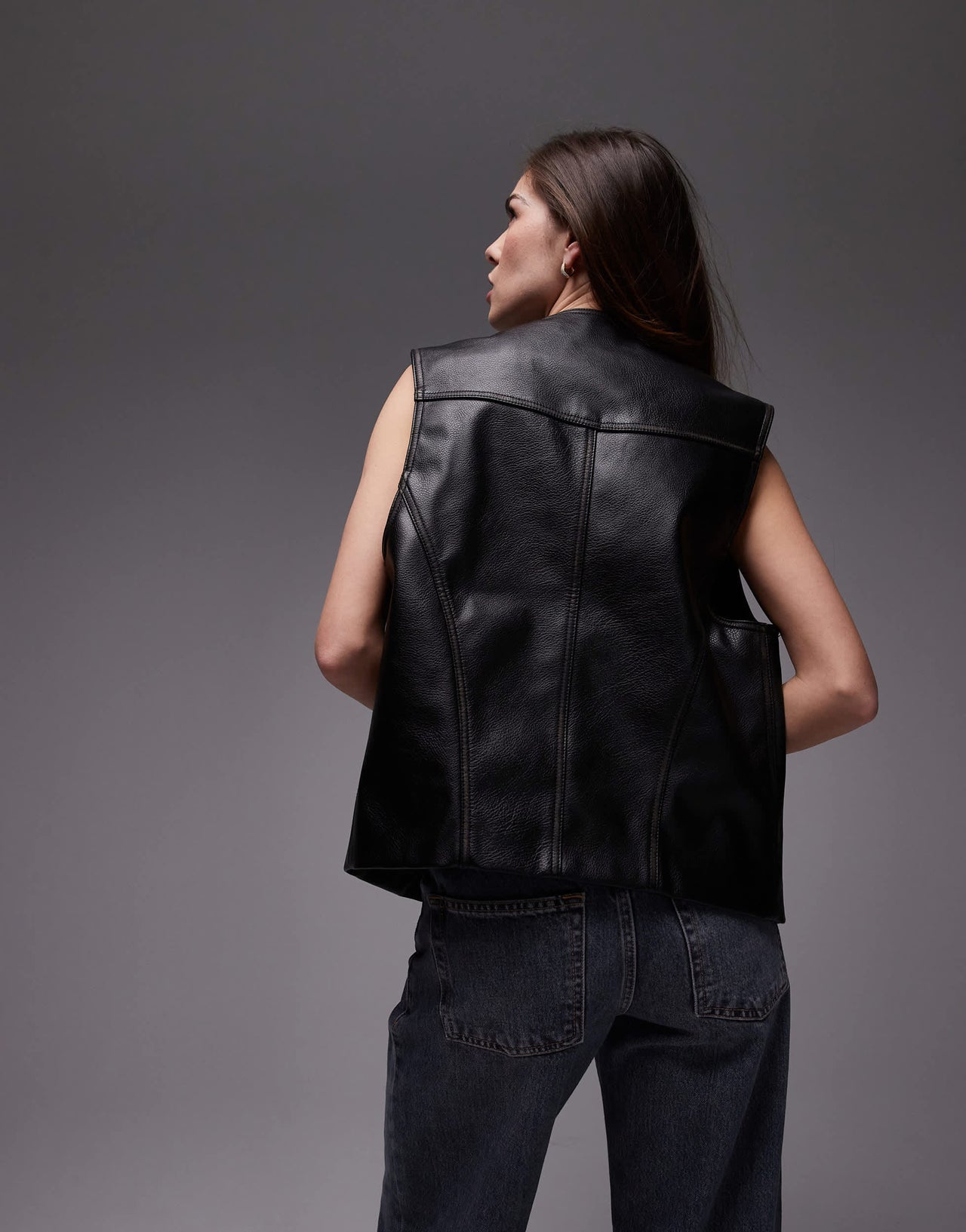 Topshop faux leather waist coat in black