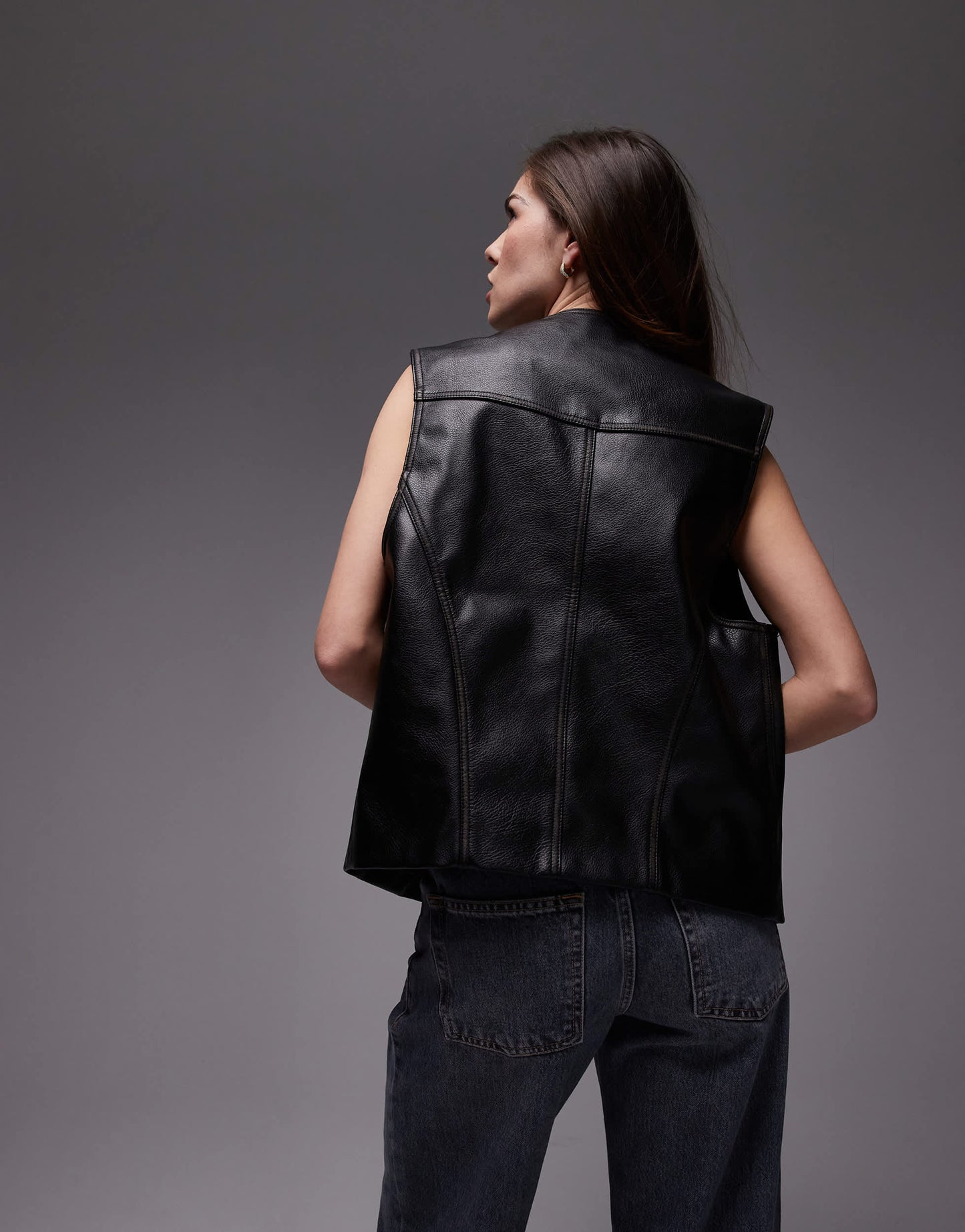 Topshop faux leather waist coat in black