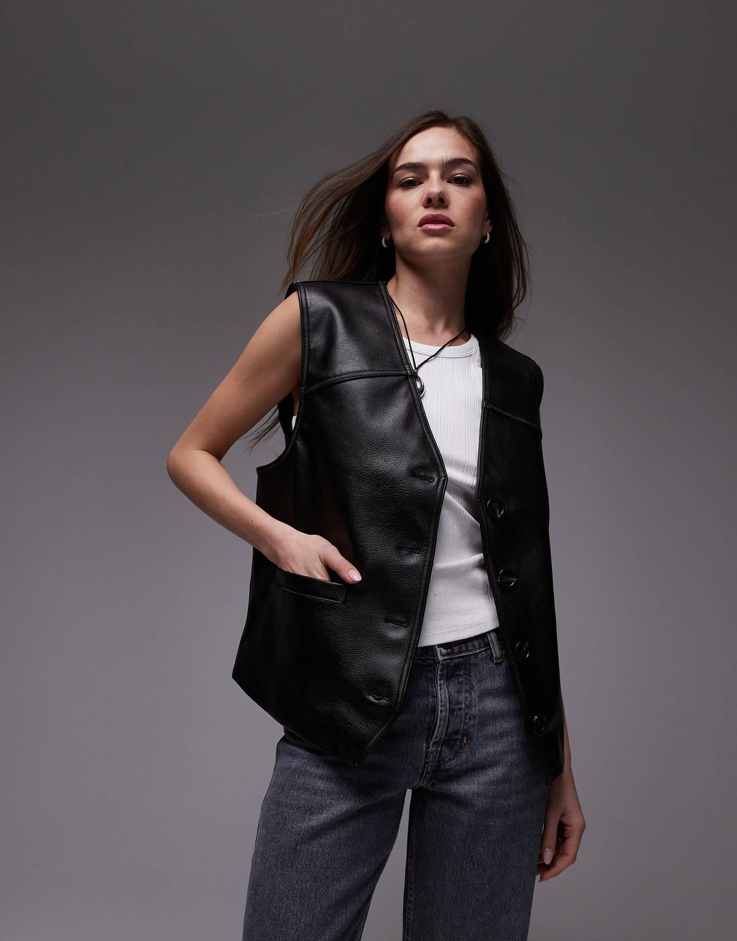 Topshop faux leather waist coat in black
