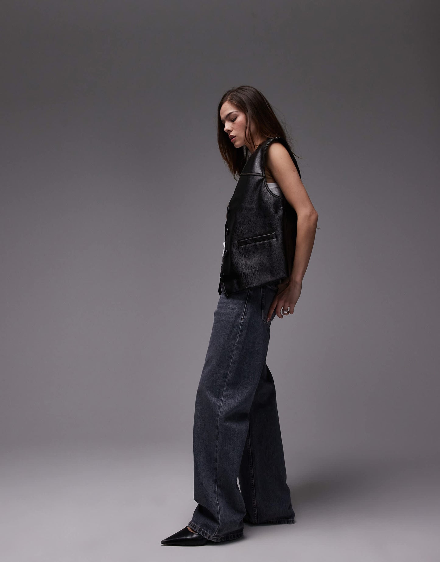 Topshop faux leather waist coat in black