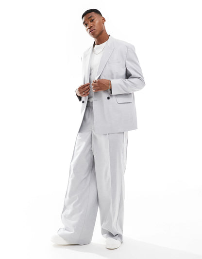 ASOS DESIGN double breasted relaxed suit jacket in light grey crosshatch - LGREY