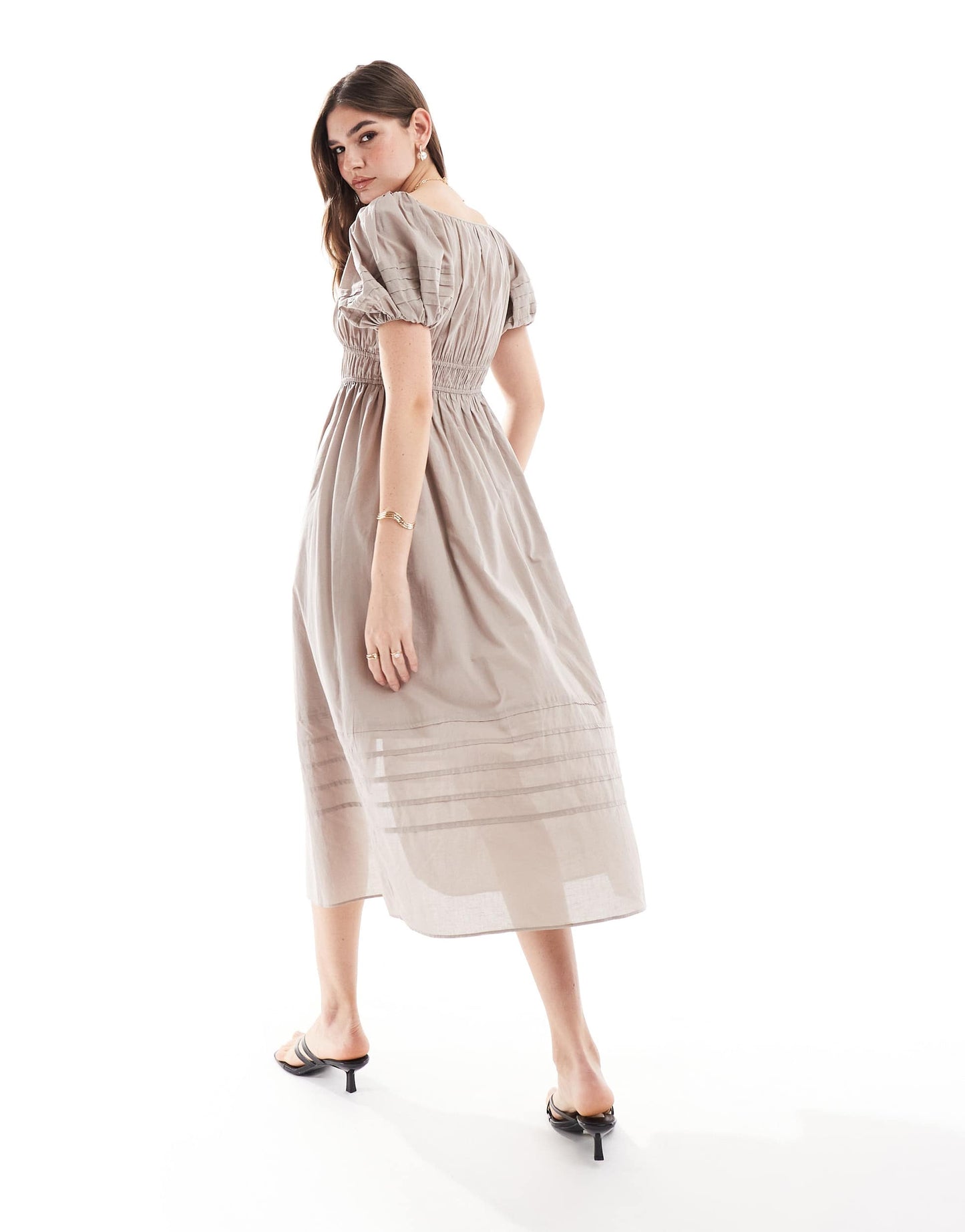 & Other Stories midi dress with puff sleeves and ruche and pleat detail in light taupe