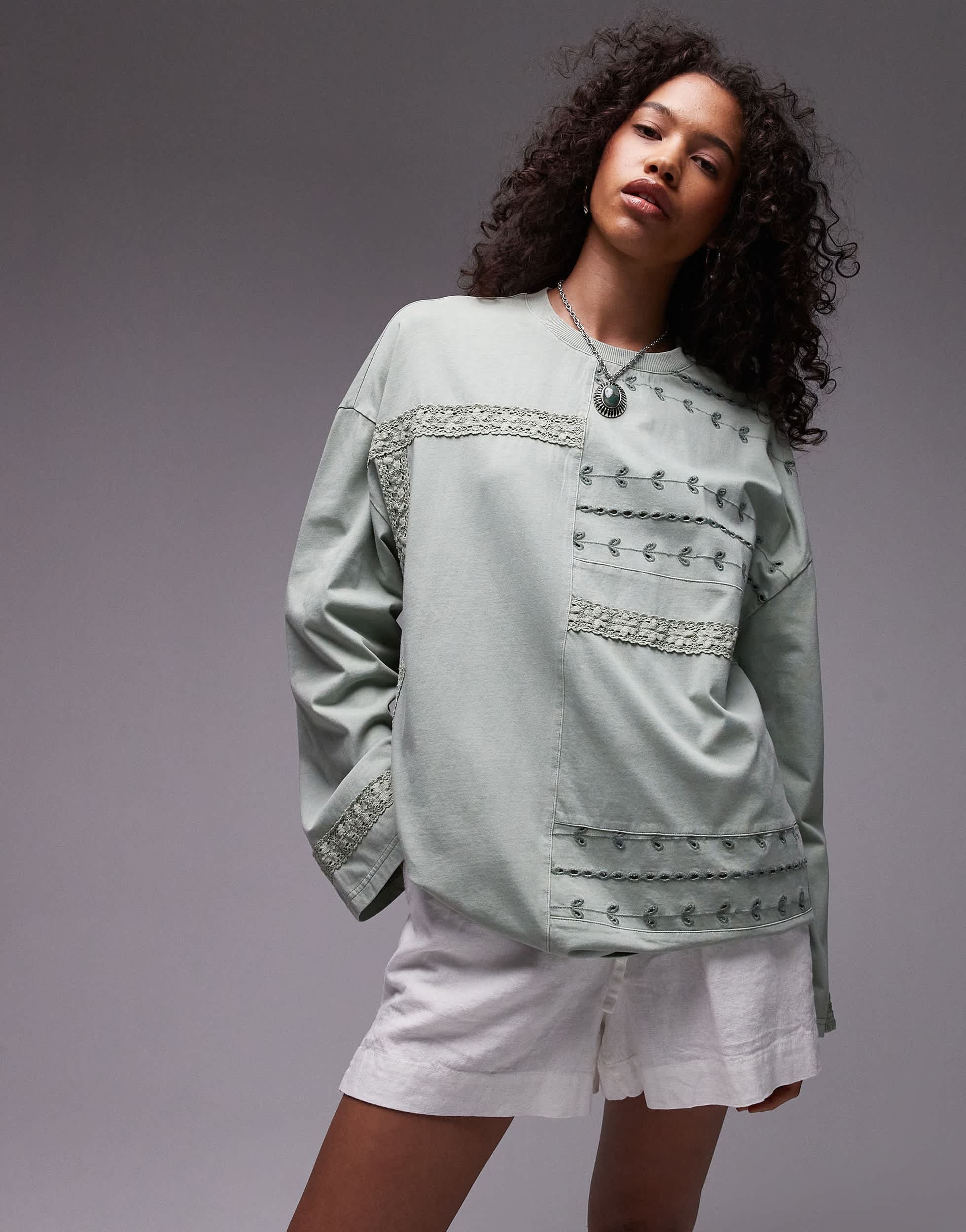 Topshop washed crochet long sleeve skater in sage