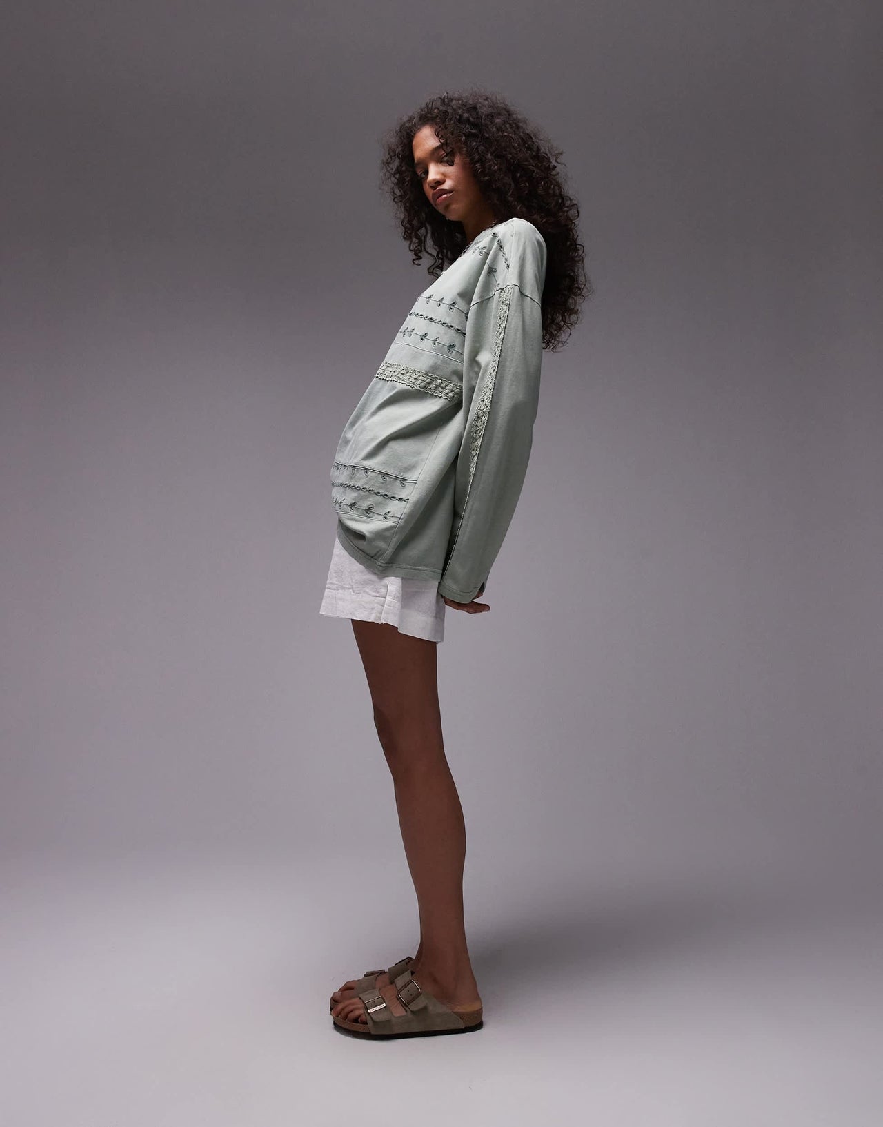 Topshop washed crochet long sleeve skater in sage
