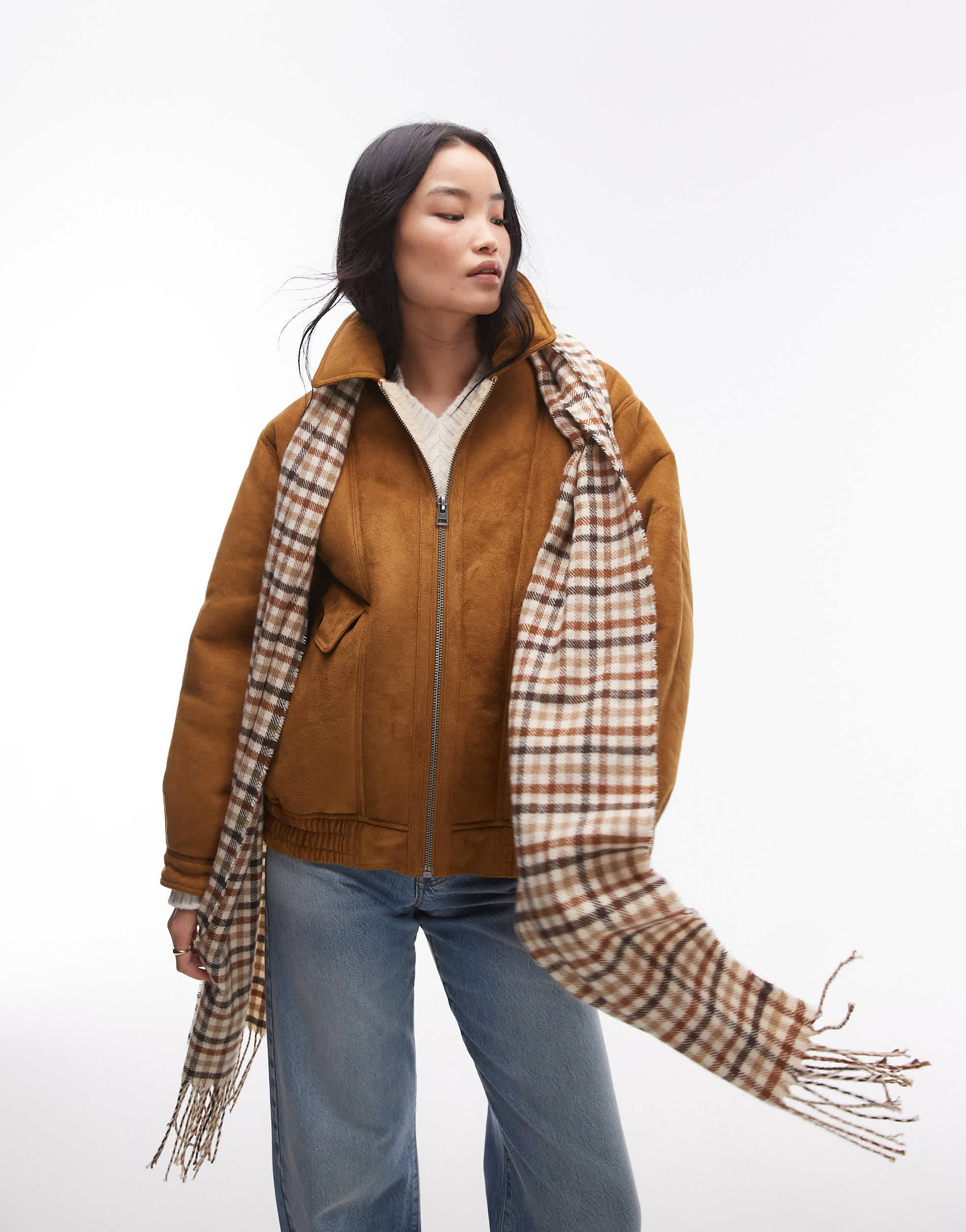 Topshop faux suede borg bomber jacket in brown