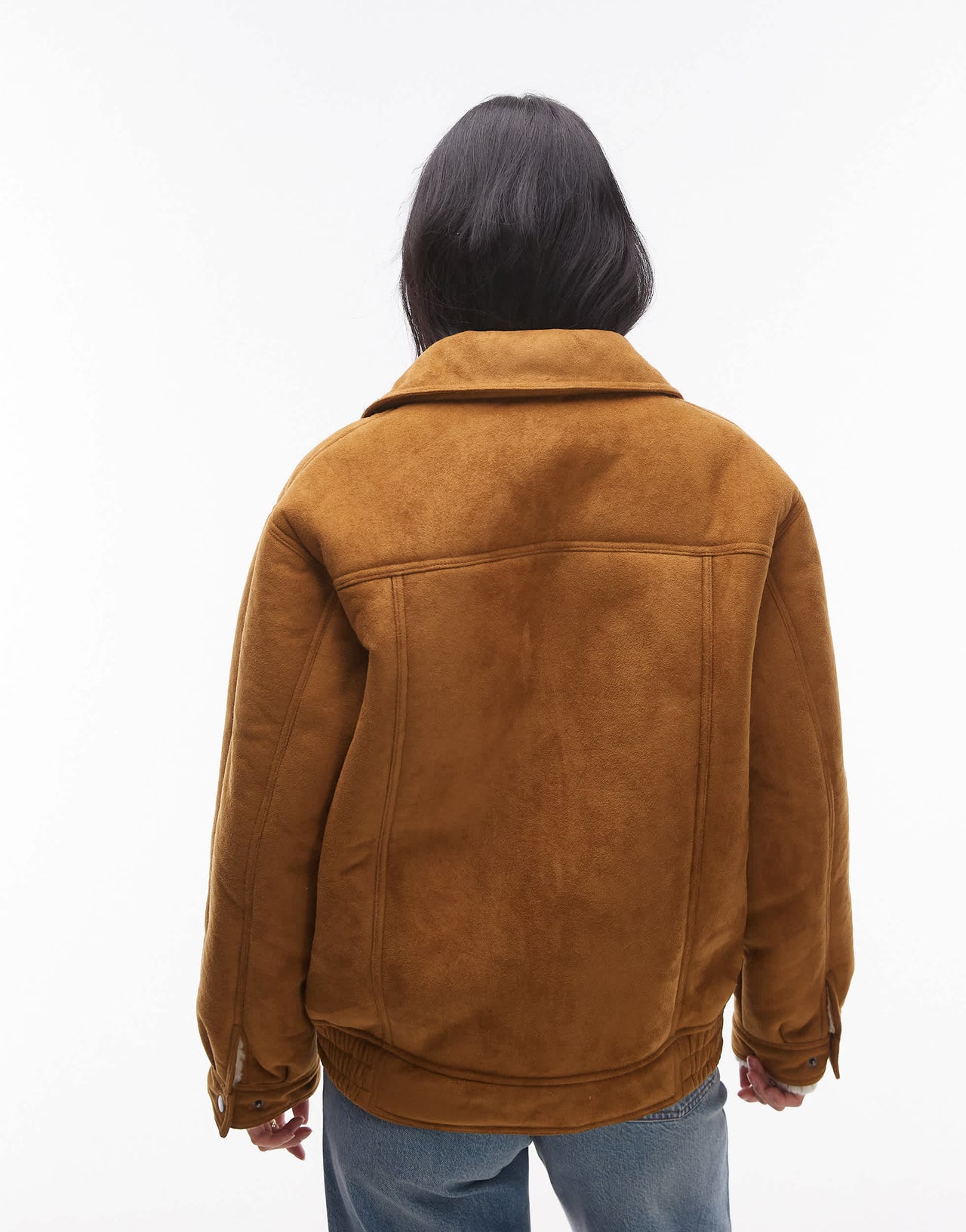 Topshop faux suede borg bomber jacket in brown