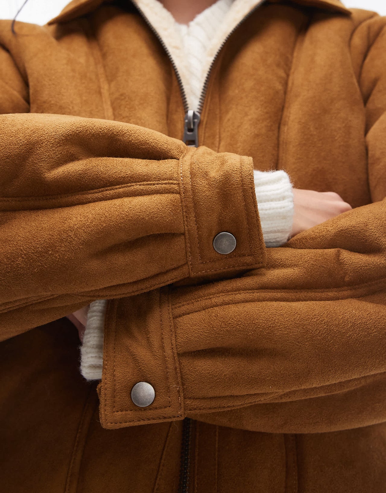 Topshop faux suede borg bomber jacket in brown