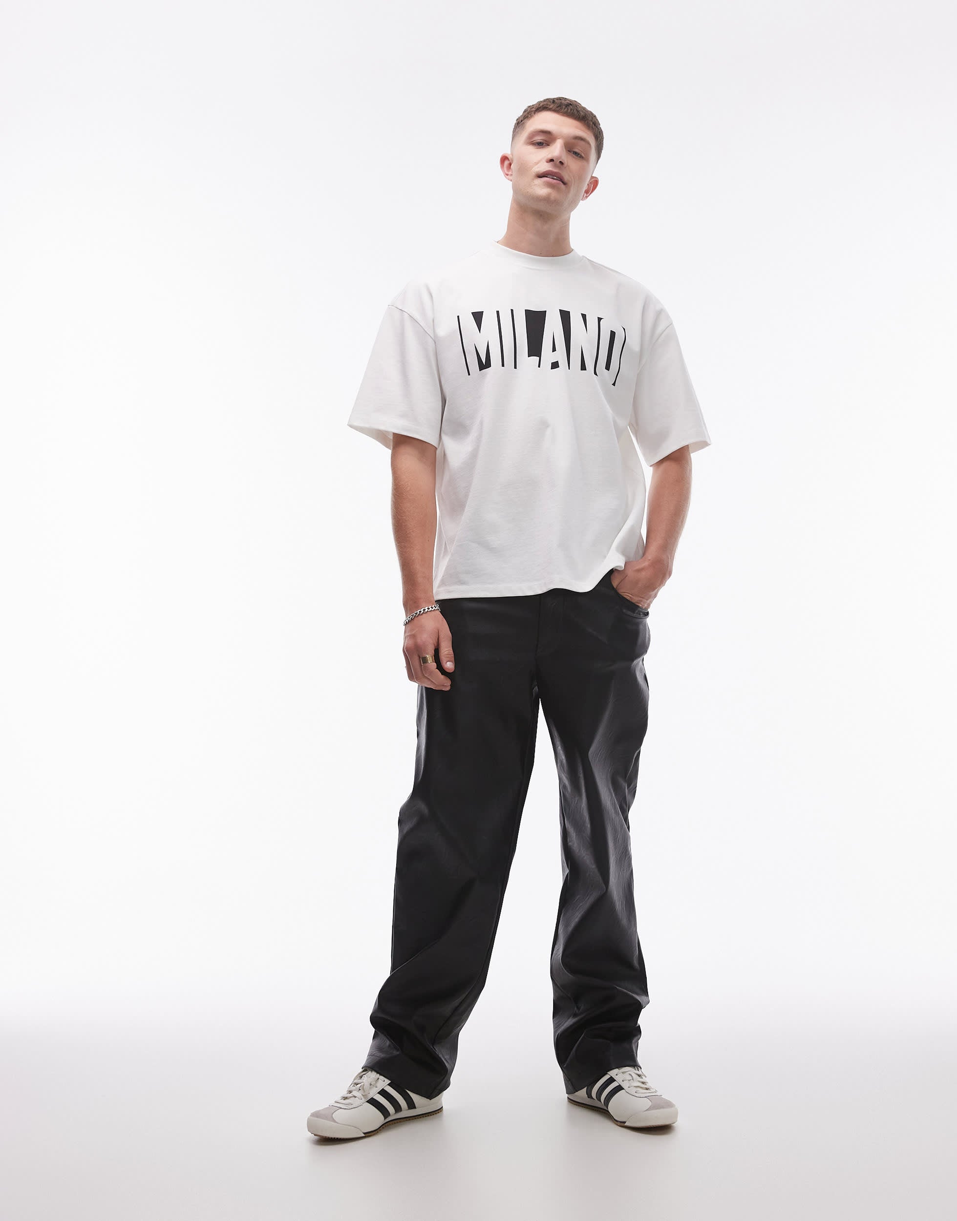 Topman wide leg faux leather trousers in black