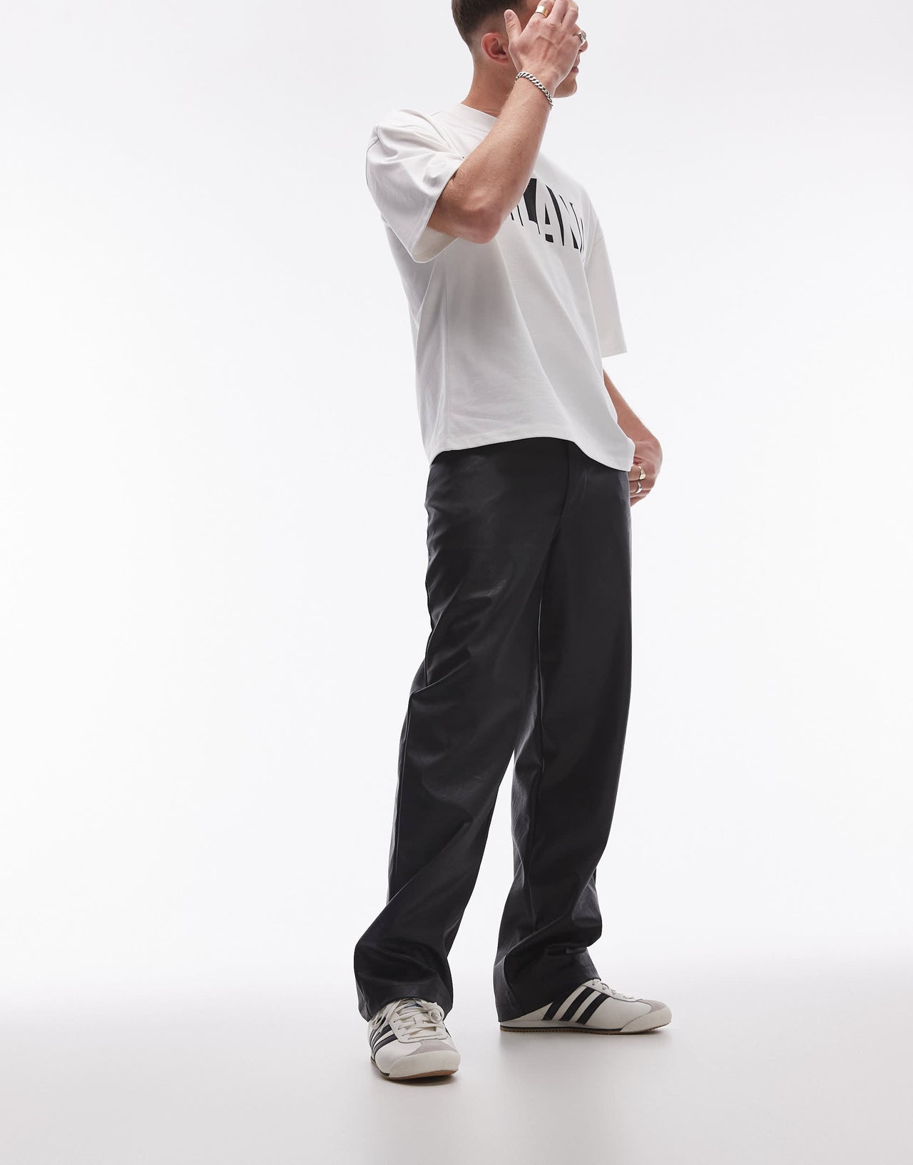 Topman wide leg faux leather trousers in black