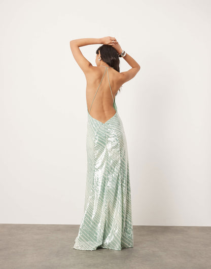 ASOS EDITION allover sequin deep cowl neck maxi dress in mint stripe print