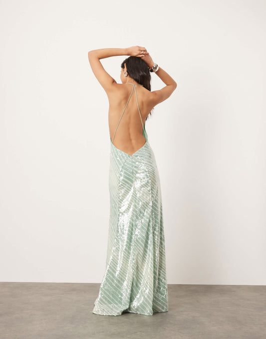 ASOS EDITION allover sequin deep cowl neck maxi dress in mint stripe print