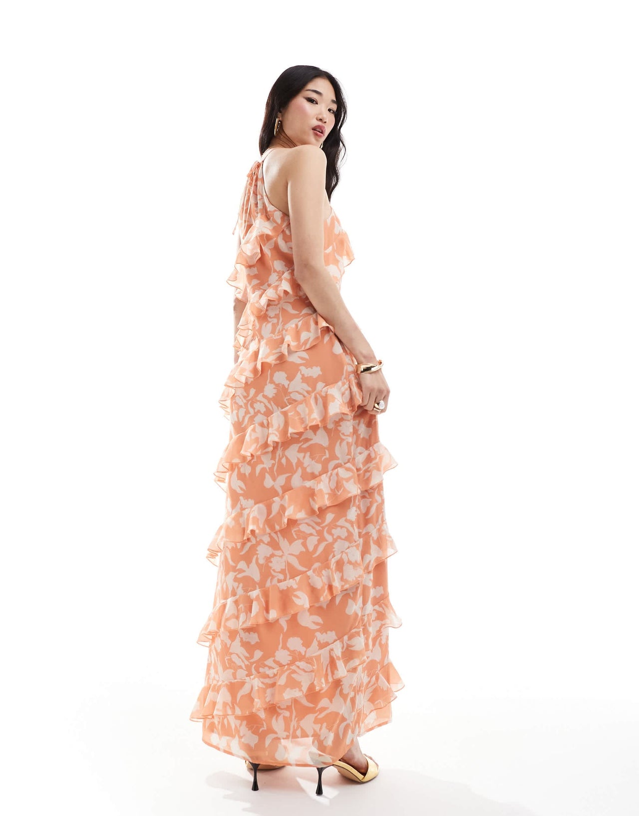 Pretty Lavish halterneck ruffle maxi dress in terracotta floral