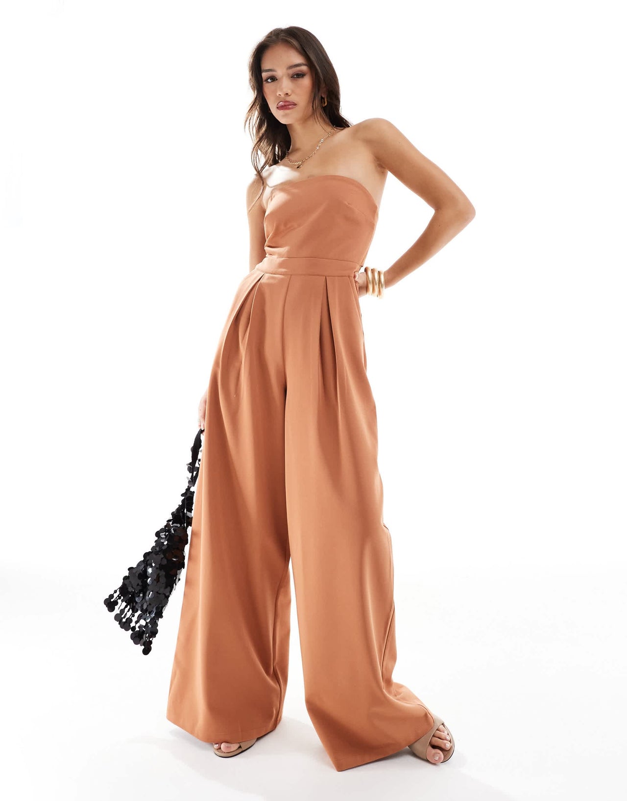 Pretty Lavish strapless jumpsuit with pockets in sienna brown