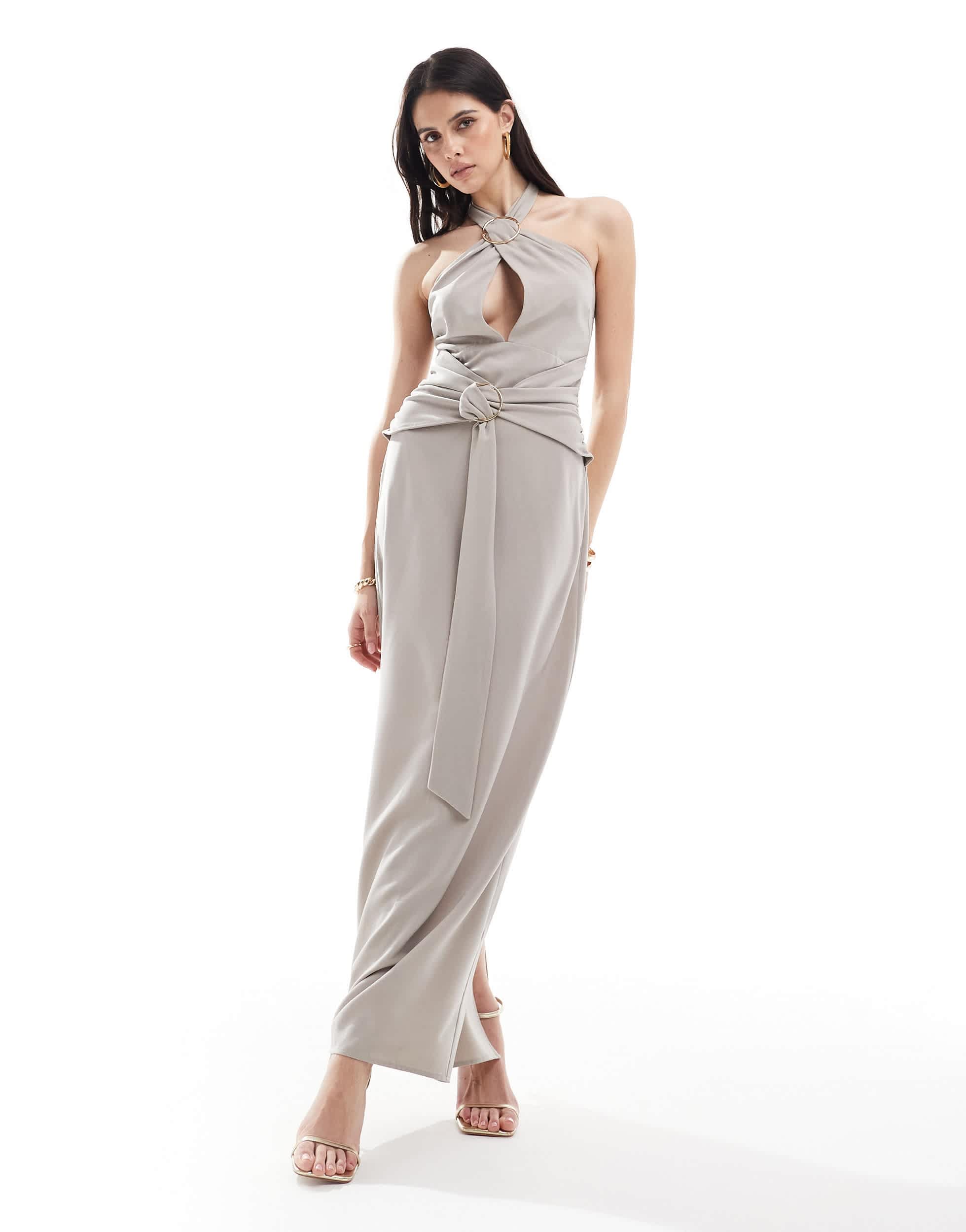 Pretty Lavish halterneck ring detail maxi dress in stone