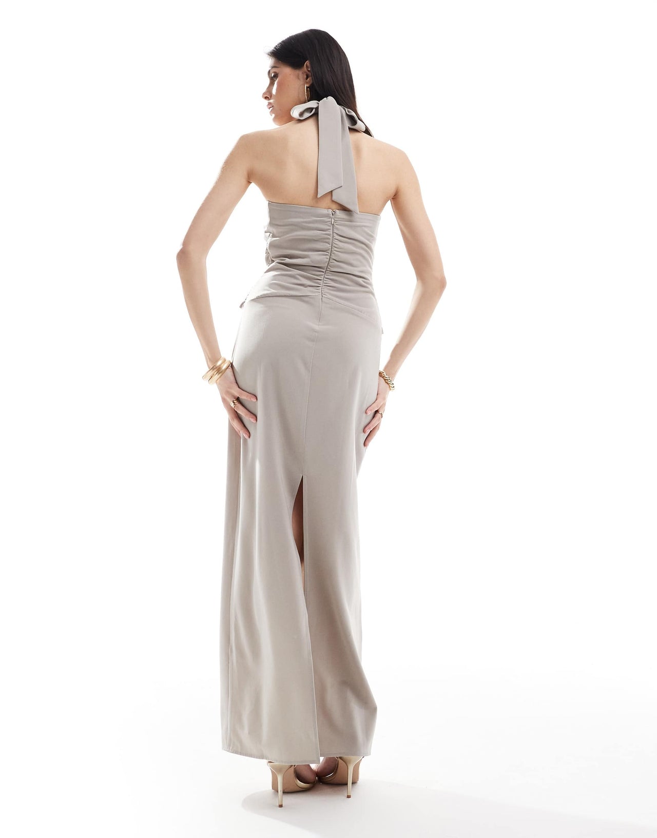 Pretty Lavish halterneck ring detail maxi dress in stone