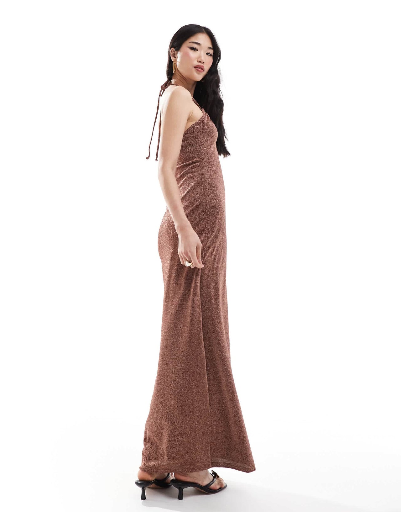 Pretty Lavish shimmer slip maxi dress in brown sparkle
