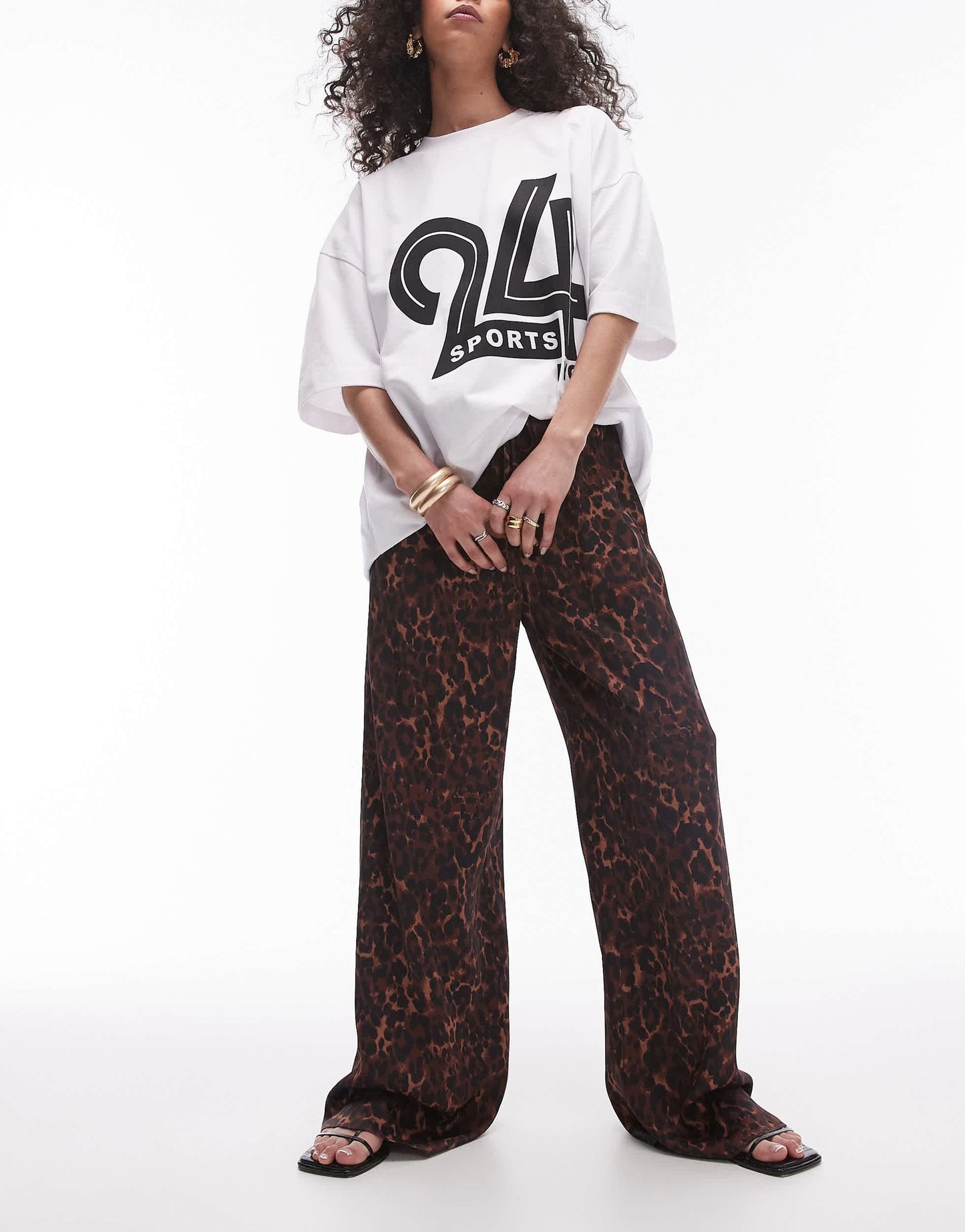 Topshop leopard printed satin straight leg tie waist trouser in dark leopard