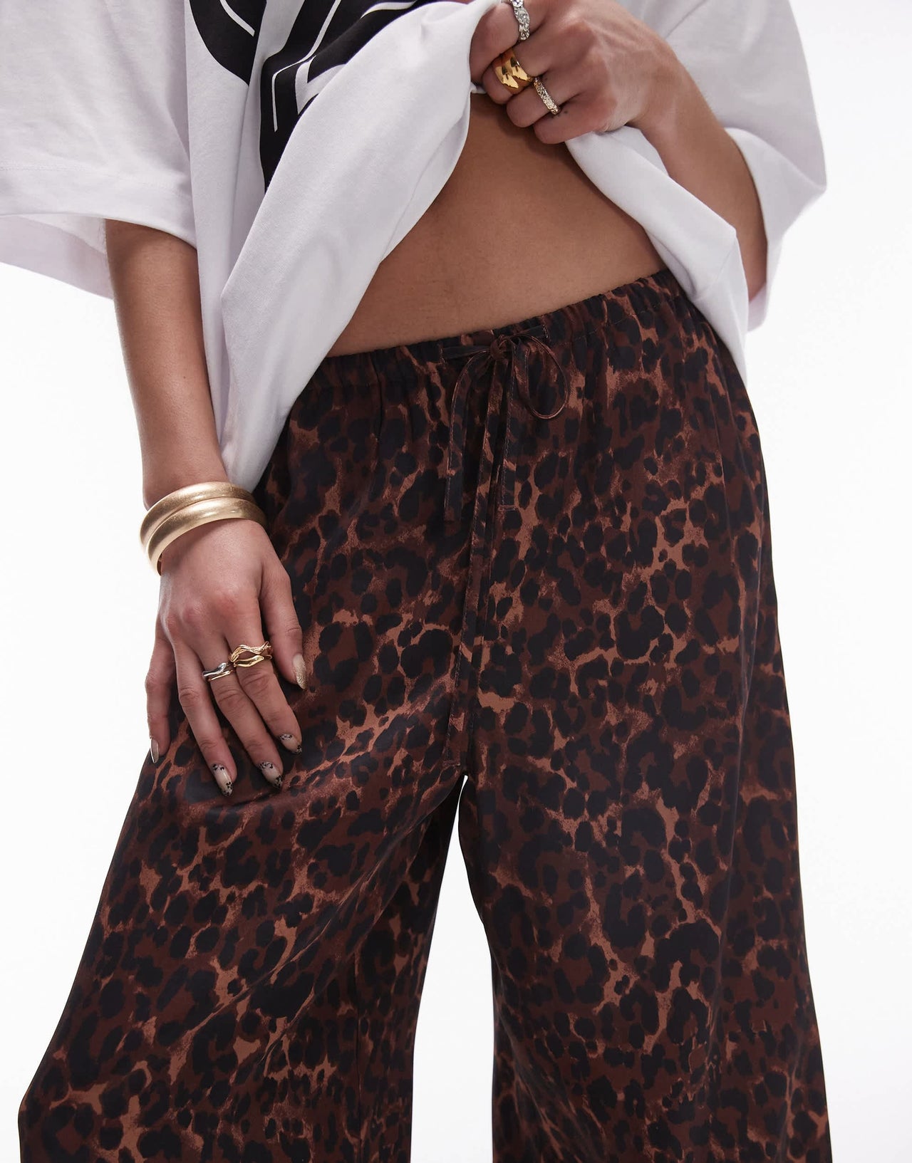 Topshop leopard printed satin straight leg tie waist trouser in dark leopard