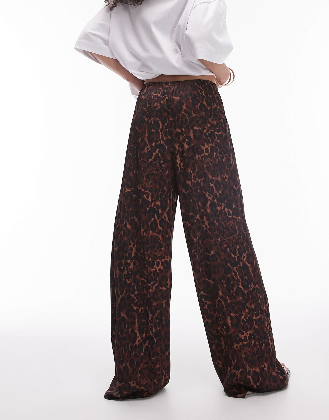 Topshop leopard printed satin straight leg tie waist trouser in dark leopard
