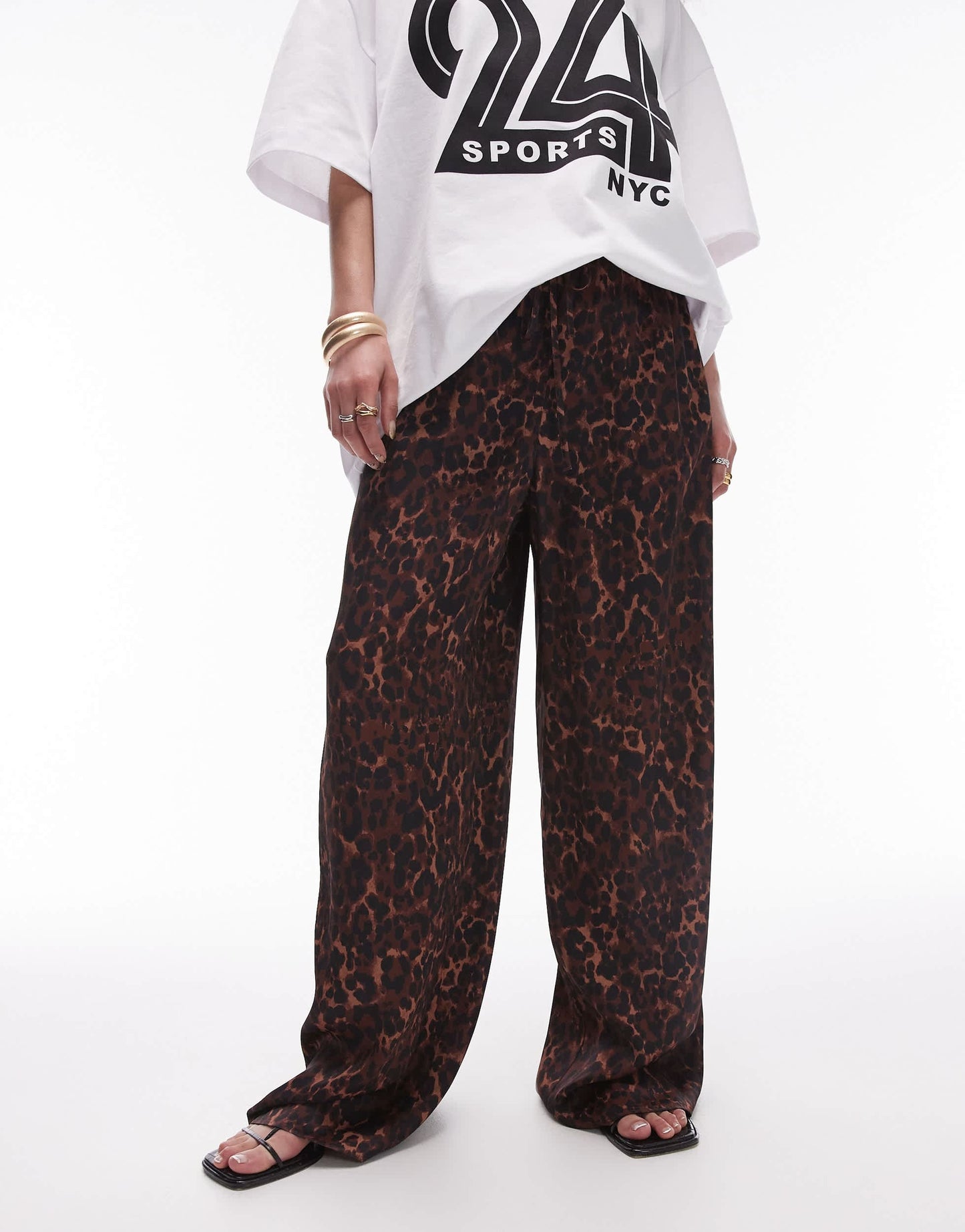 Topshop leopard printed satin straight leg tie waist trouser in dark leopard