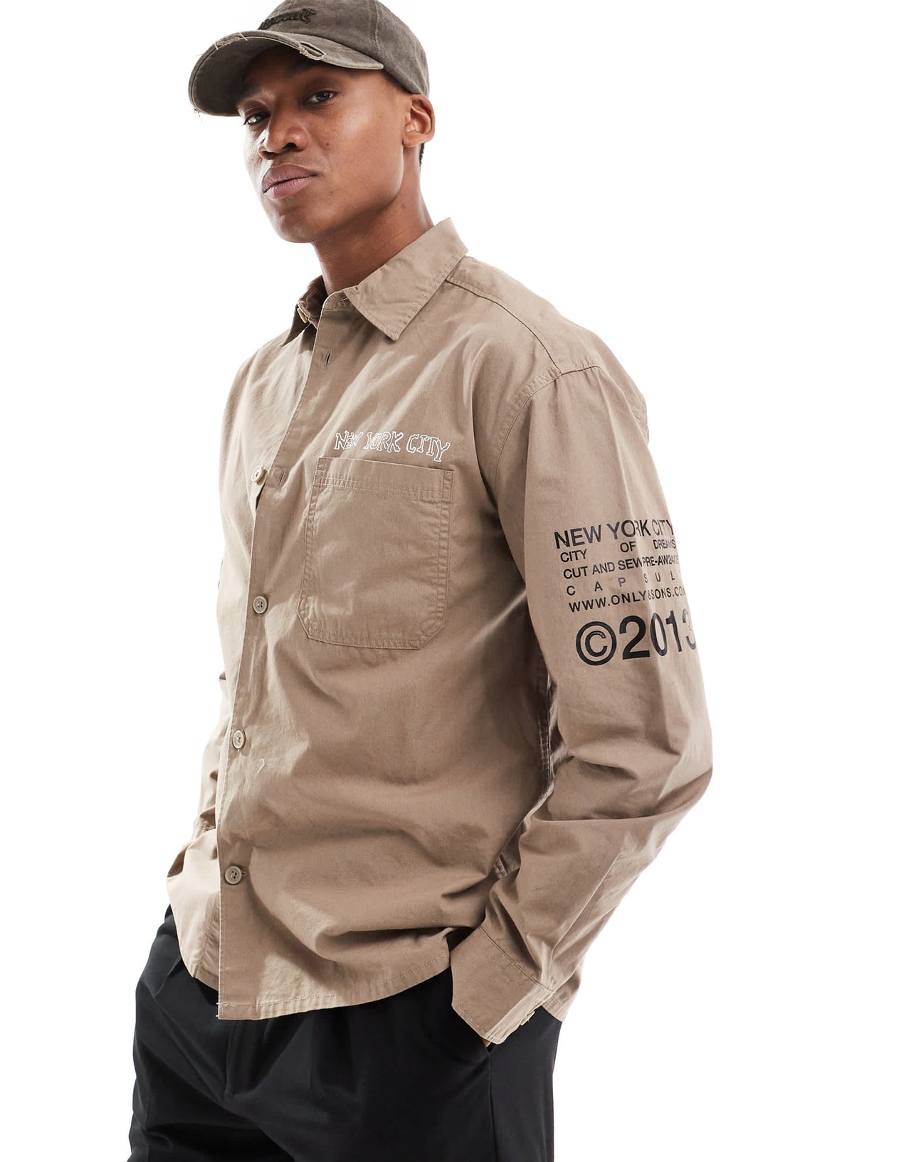 ONLY & SONS relaxed shirt with NYC prints in beige