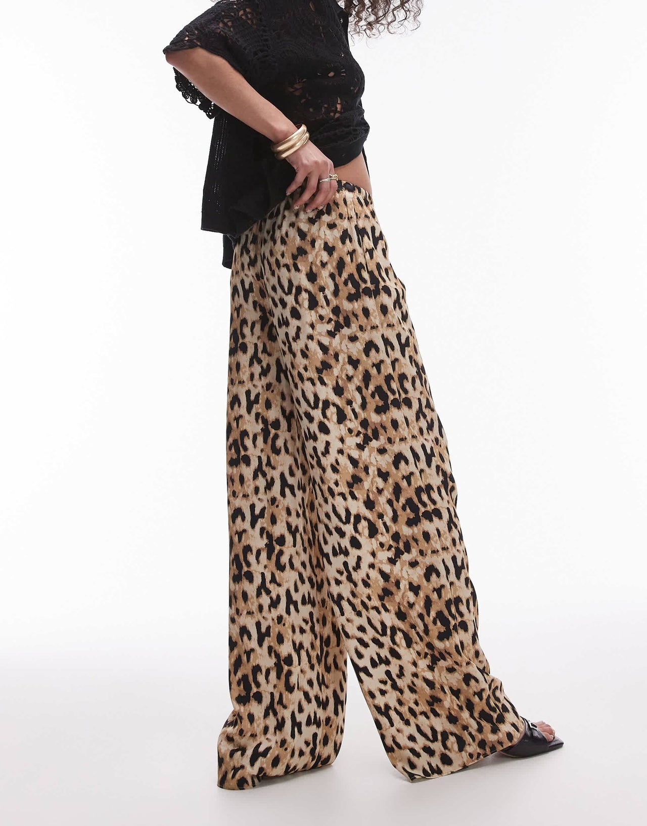 Topshop leopard printed satin straight leg tie waist trouser in light leopard