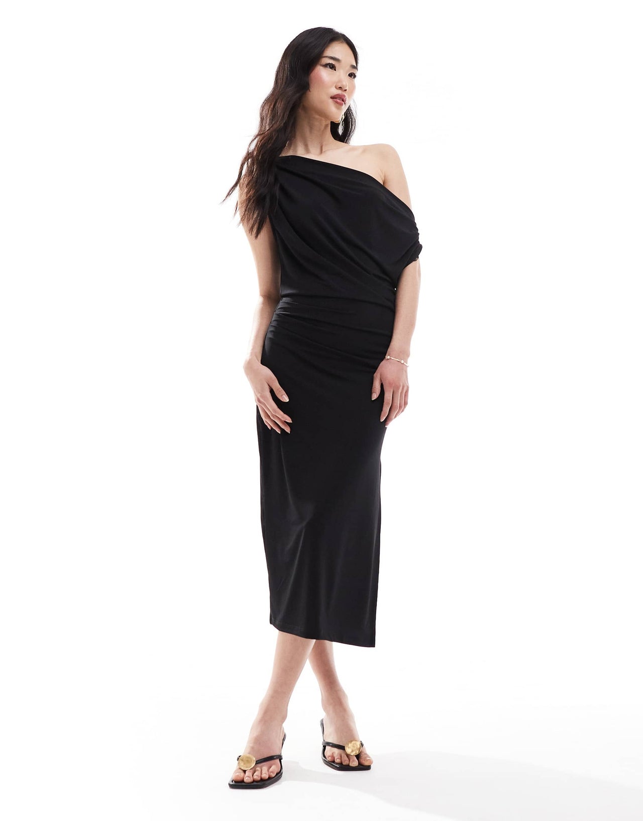 Pretty Lavish one shoulder ruched midaxi dress in black