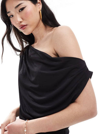 Pretty Lavish one shoulder ruched midaxi dress in black