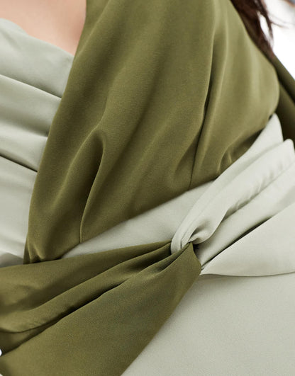 Pretty Lavish Curve knot front contrast midi dress in olive and sage