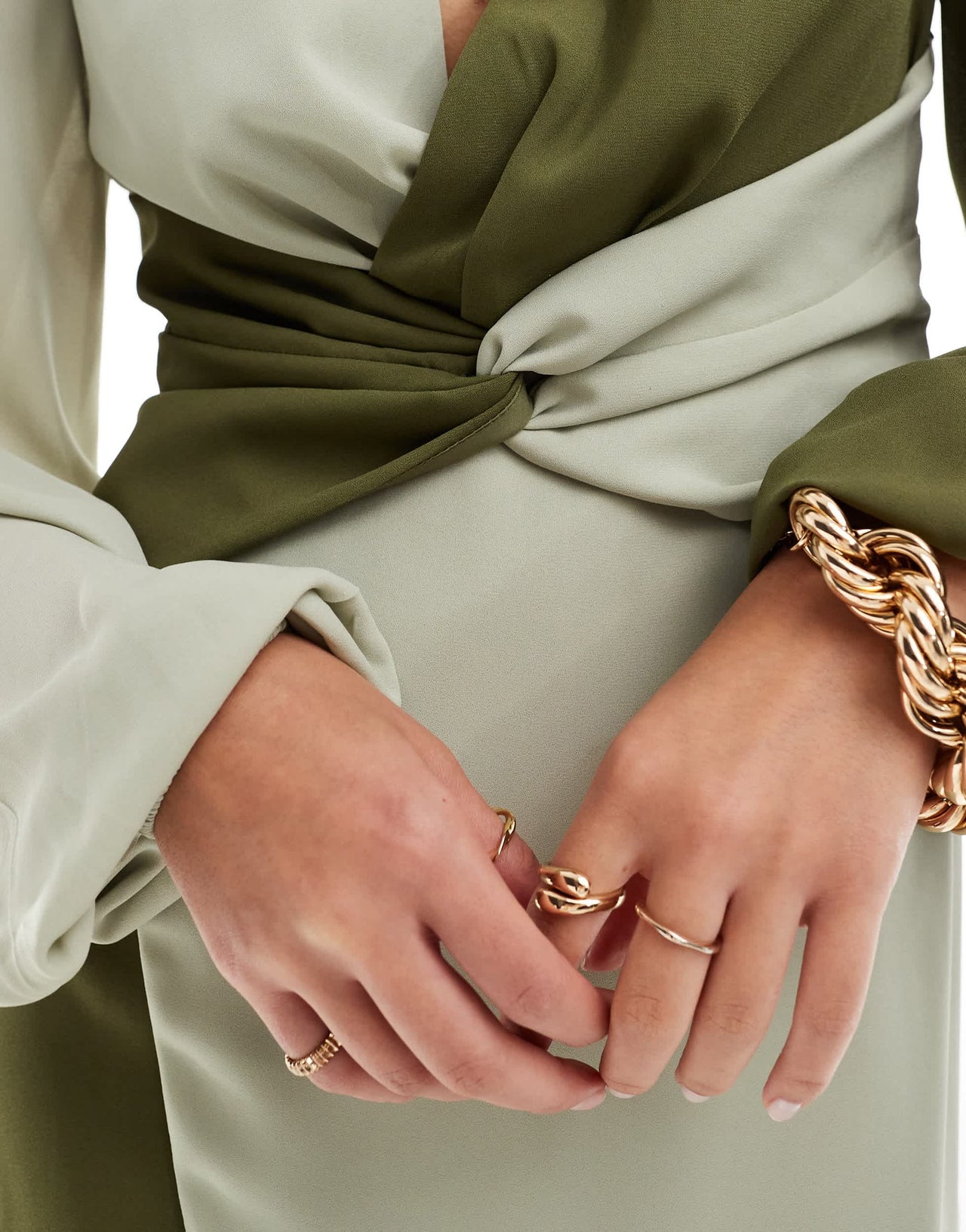 Pretty Lavish knot front contrast midi dress in olive and sage