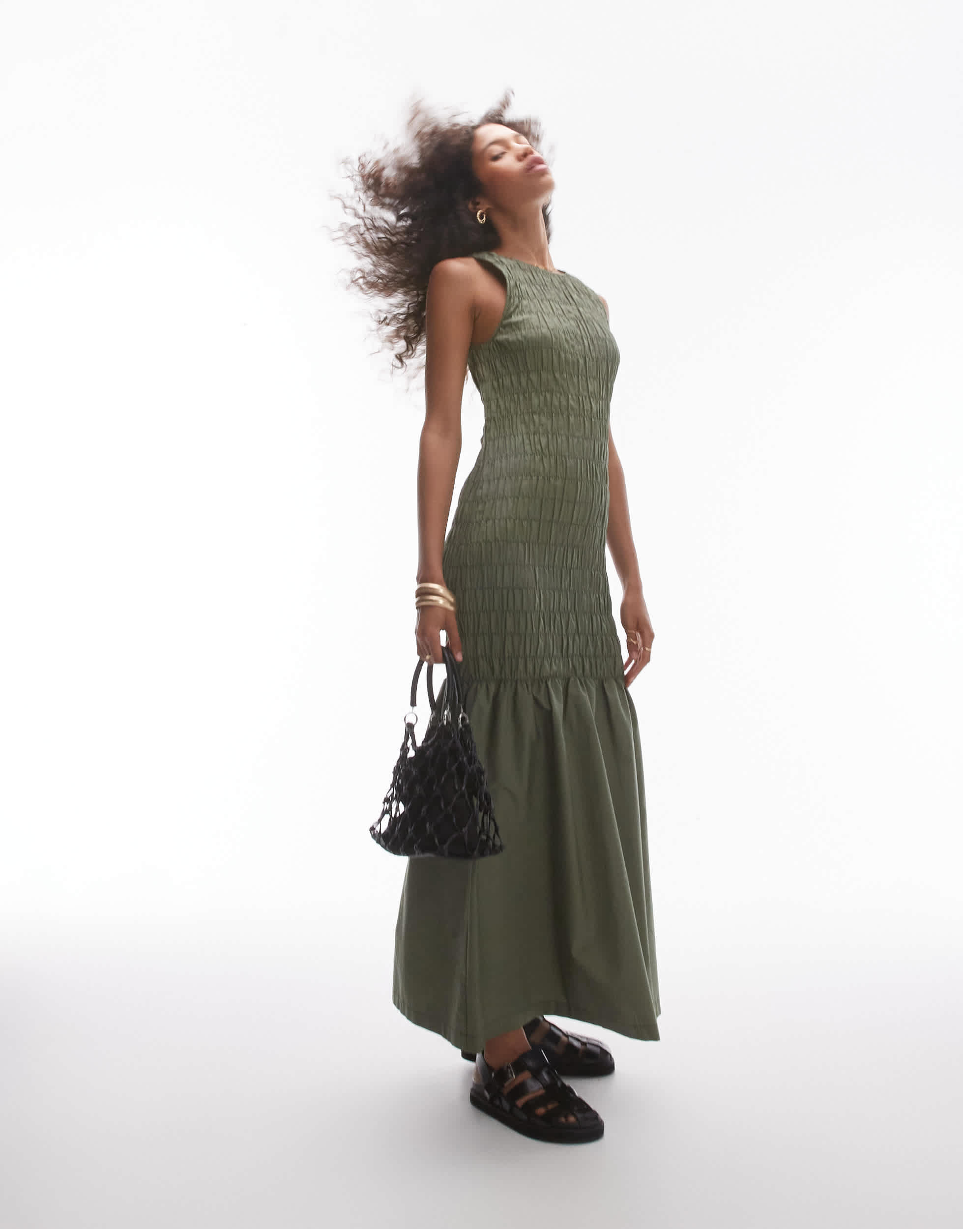 Topshop shirred maxi dress with contrast top stitch in khaki