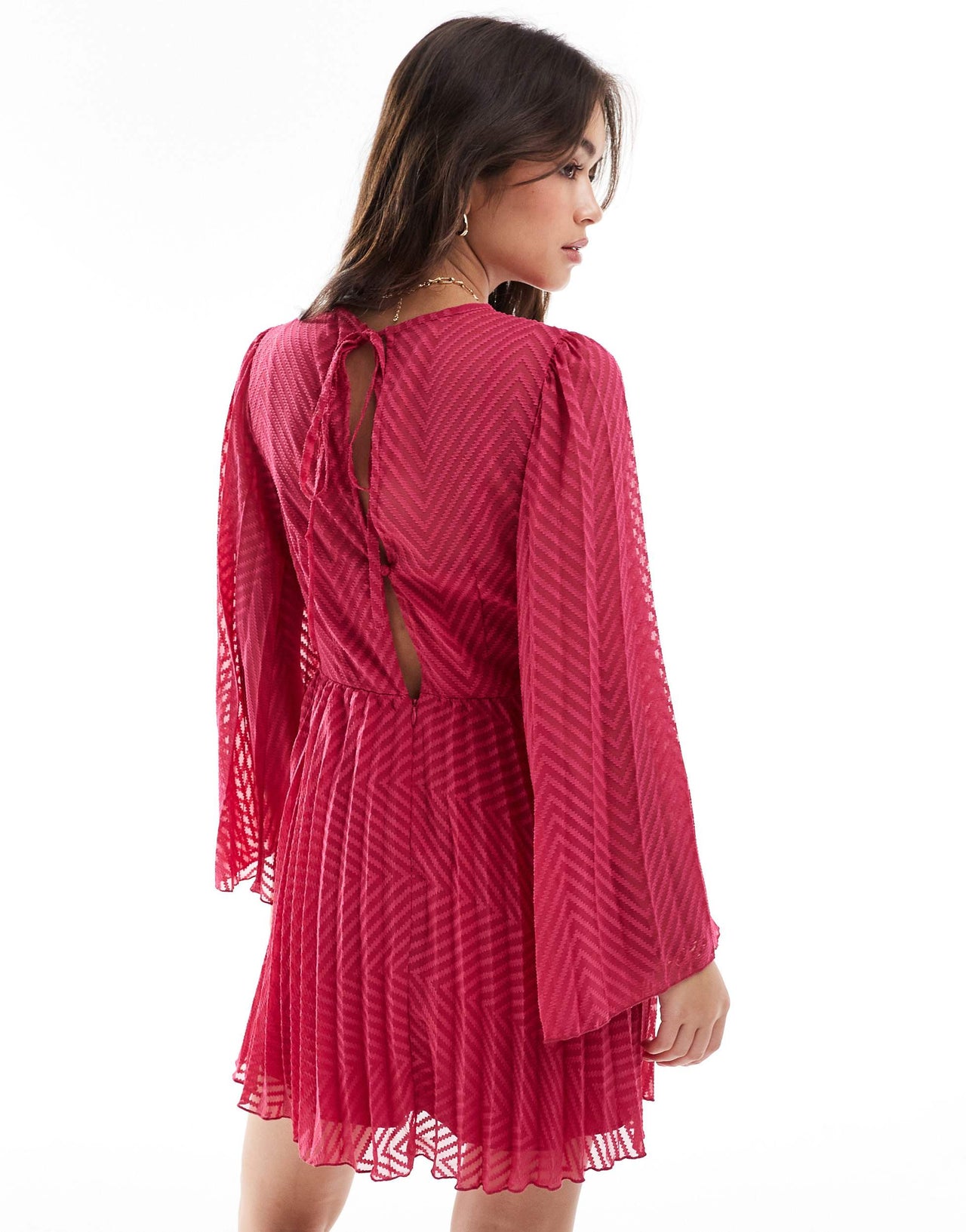 ASOS DESIGN tie back fluted sleeve pleated chevron chiffon mini dress in red