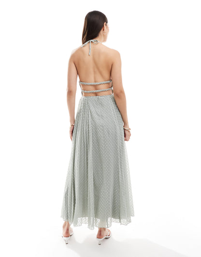 ASOS DESIGN fluffy dobby racer neck pleat panel midi dress in dusky grey