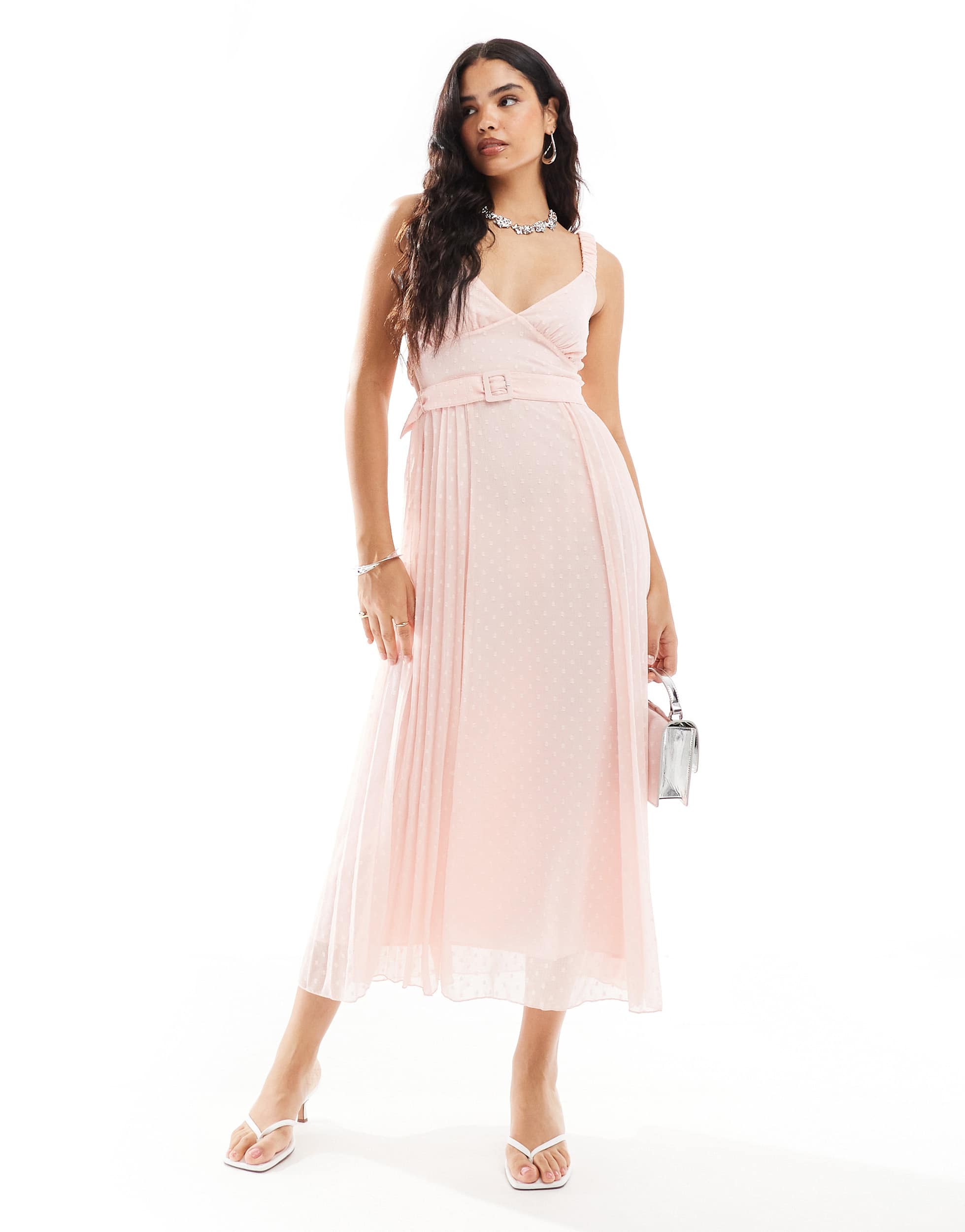 ASOS DESIGN plunge front pleated midi dress with waist belt in pastel pink