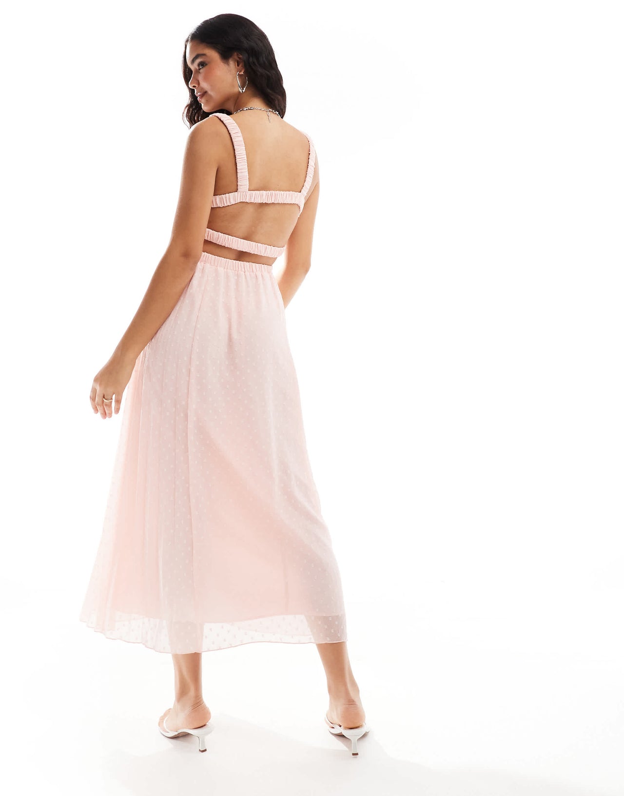 ASOS DESIGN plunge front pleated midi dress with waist belt in pastel pink