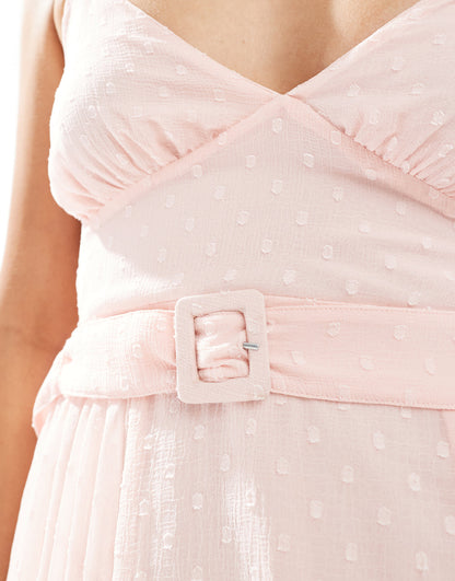 ASOS DESIGN plunge front pleated midi dress with waist belt in pastel pink