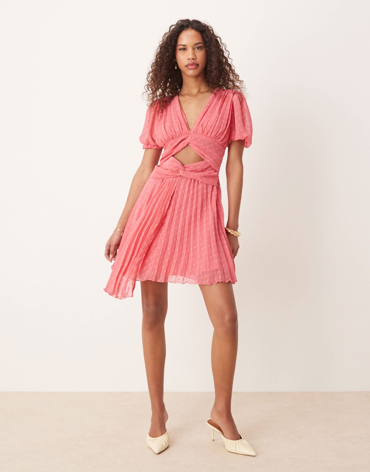 ASOS DESIGN V neck double twist front pleated mini dress  in coral pink