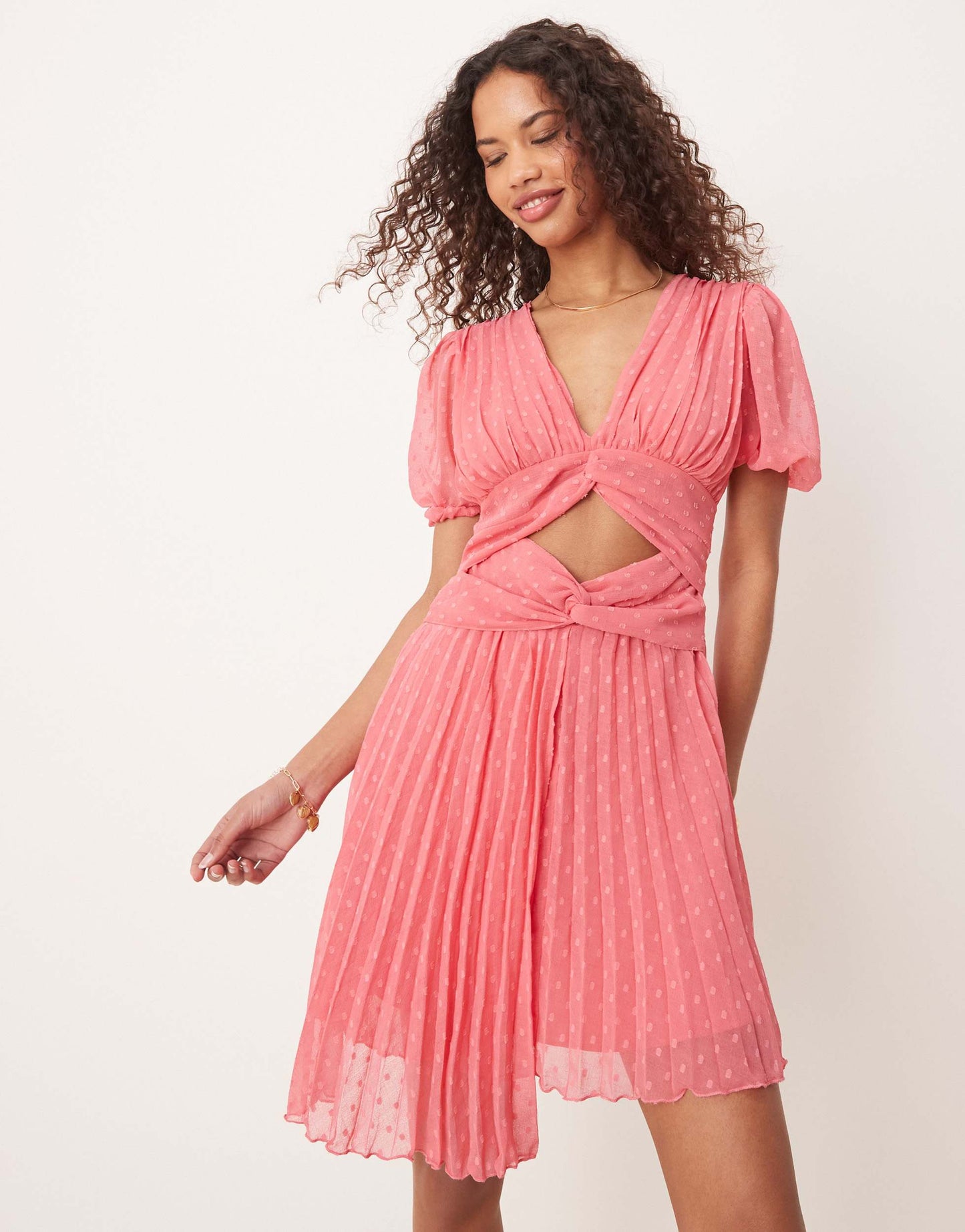 ASOS DESIGN V neck double twist front pleated mini dress  in coral pink